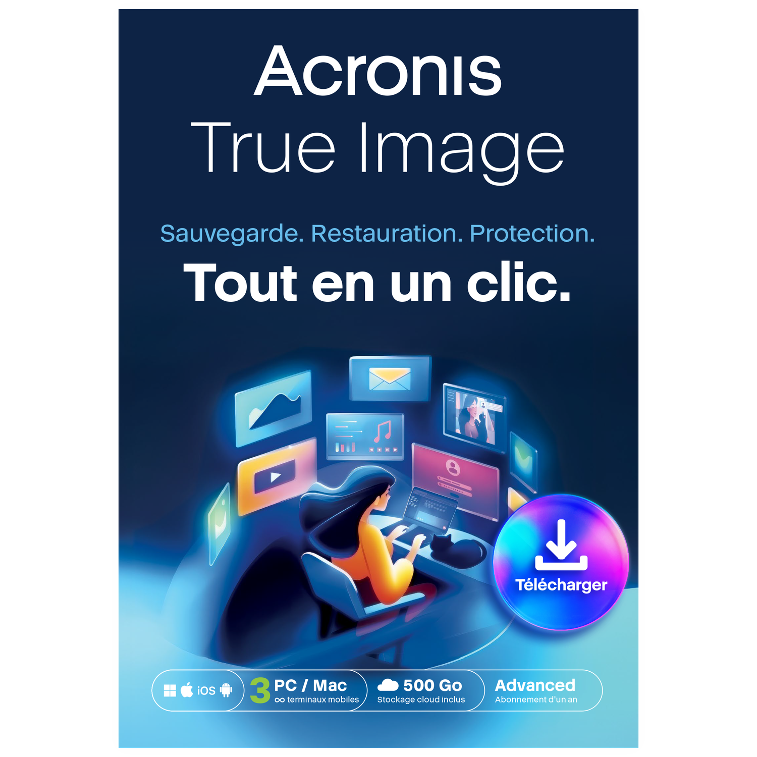 Acronis True Image: Woman at laptop, colorful screens, download button.
