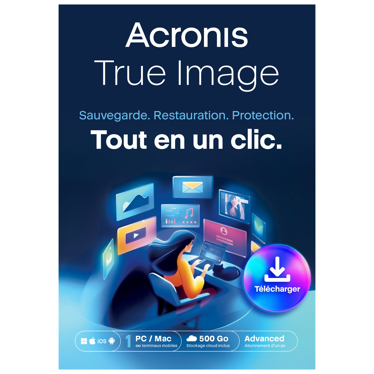 Acronis True Image : femme à l'ordinateur, icônes colorées, bouton télécharger.