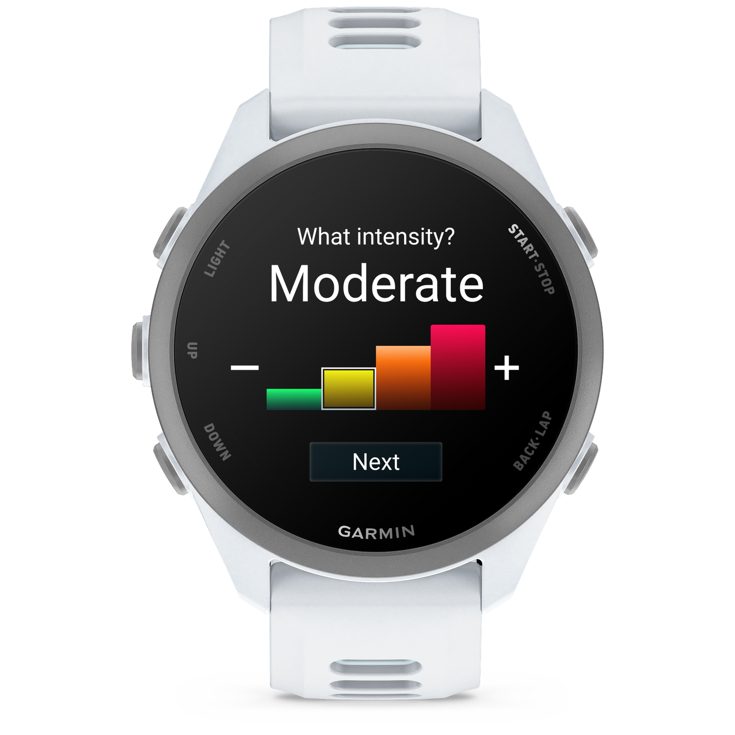 A white smartwatch displays 'Moderate intensity?' with a color intensity scale.
