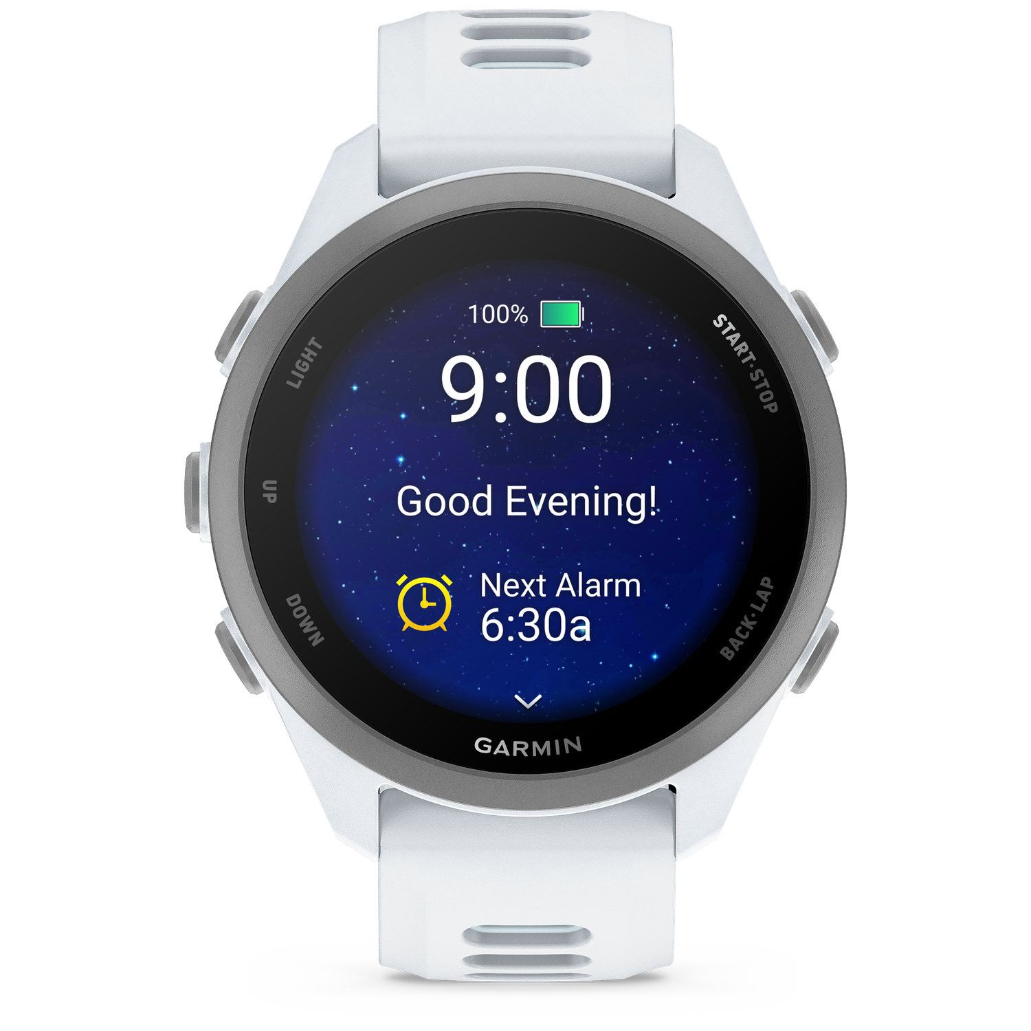 White Garmin watch displaying 9:00, Good Evening, and next alarm at 6:30a.
