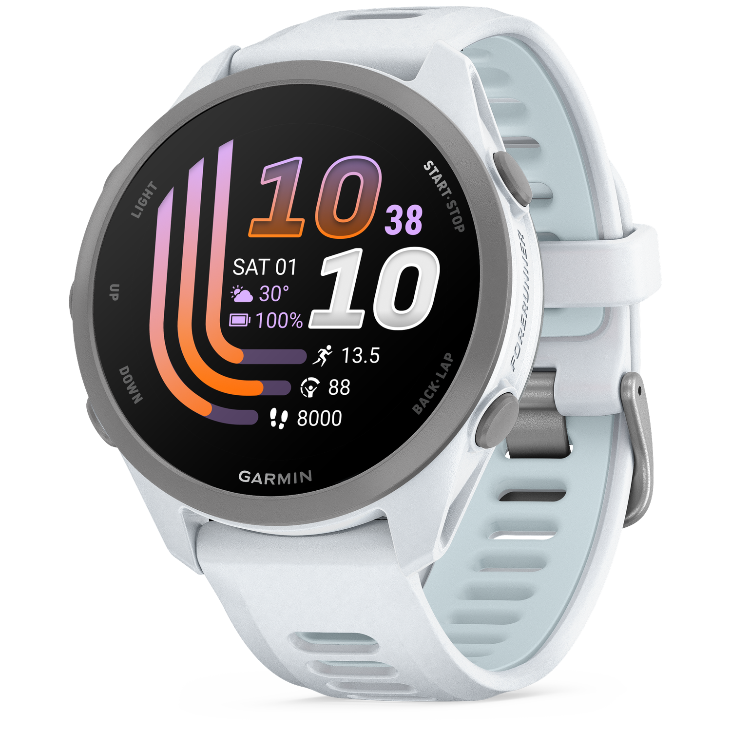 White Garmin smartwatch with touchscreen and silicone band.