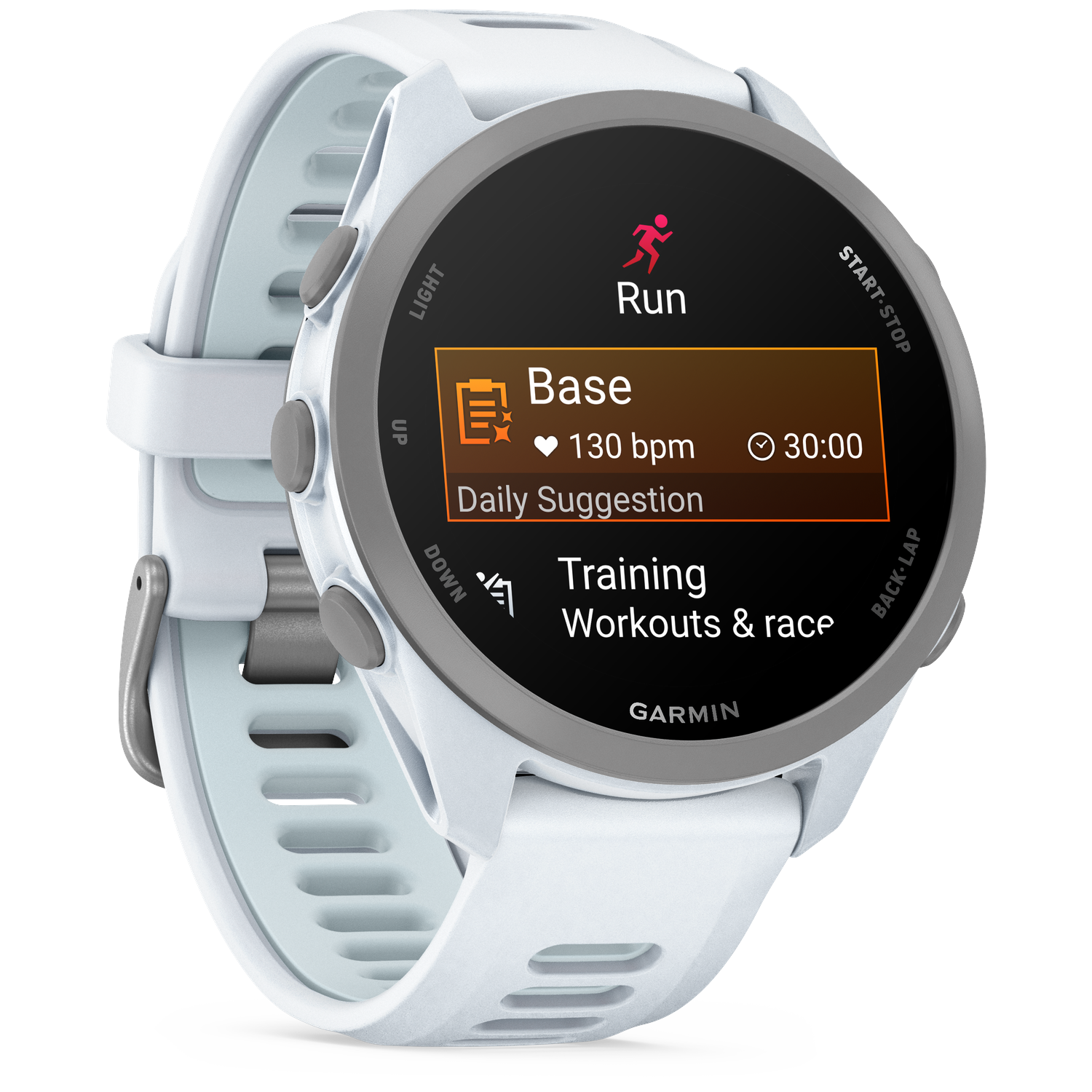 White Garmin watch showing Run, Base, and Training options on screen.