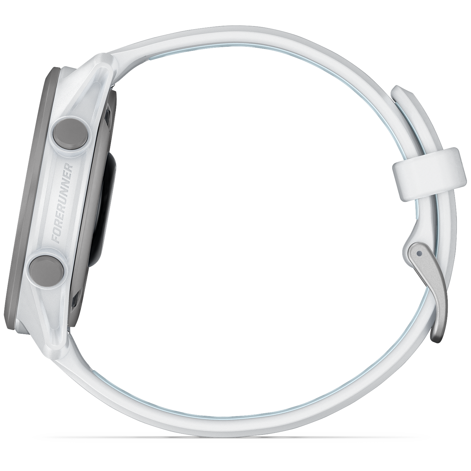 White sports watch with gray buttons and 'Forerunner' text.