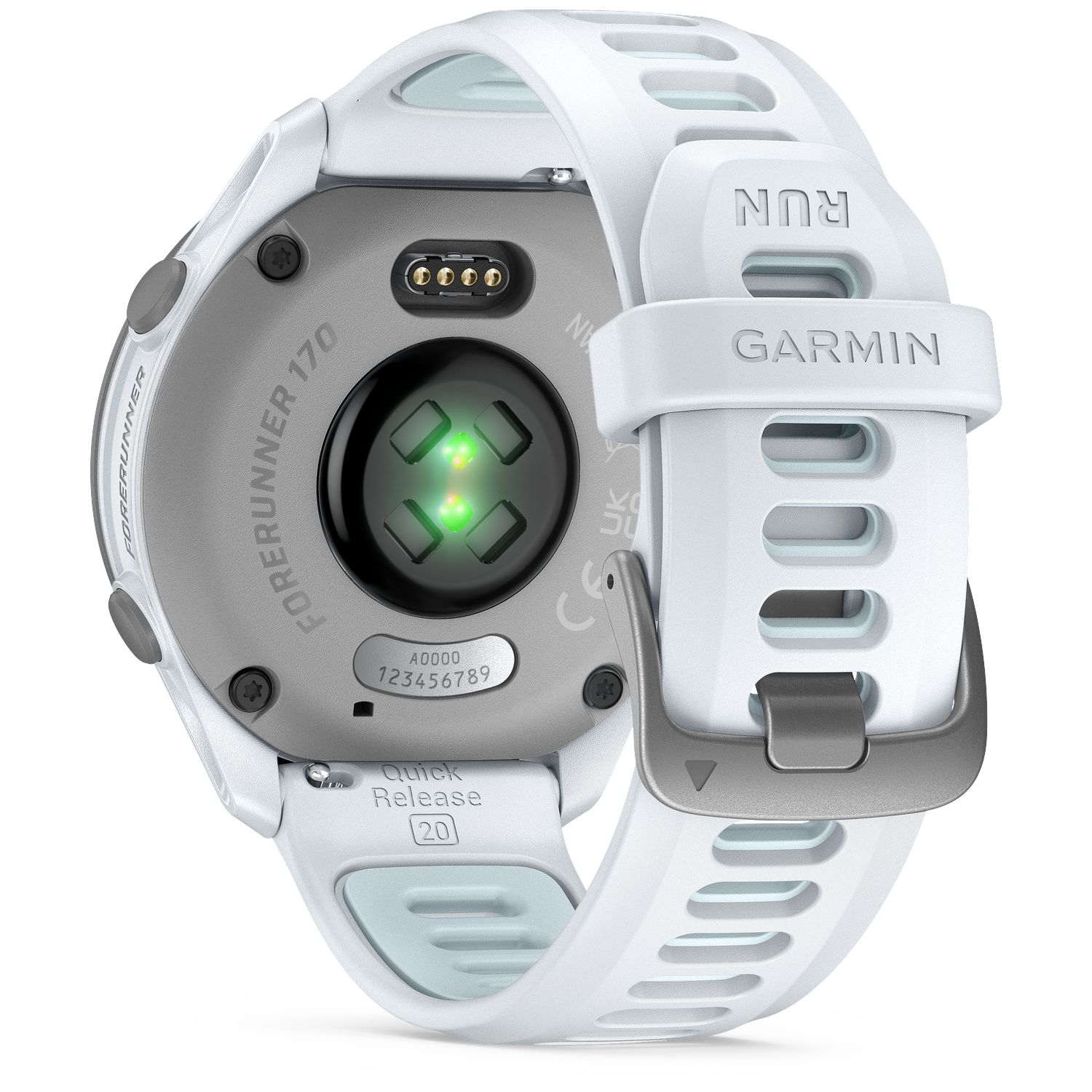 White Garmin Forerunner 170 smartwatch with heart rate sensor and charging port.