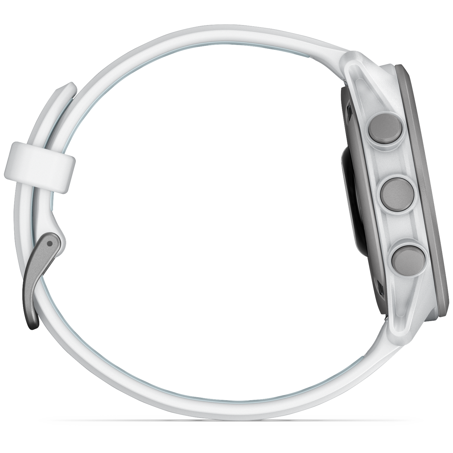 White watch band with silver buttons and a gray casing.