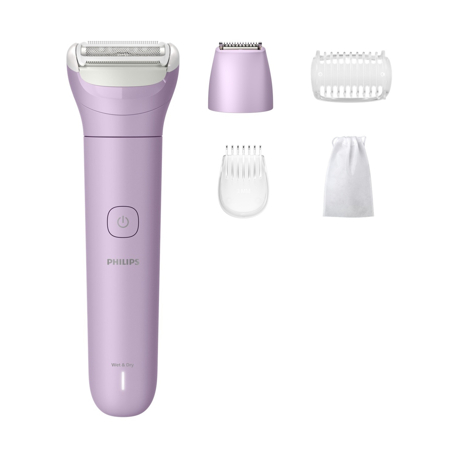 Un epilatore Philips viola con accessori: accessori e sacchetto.
