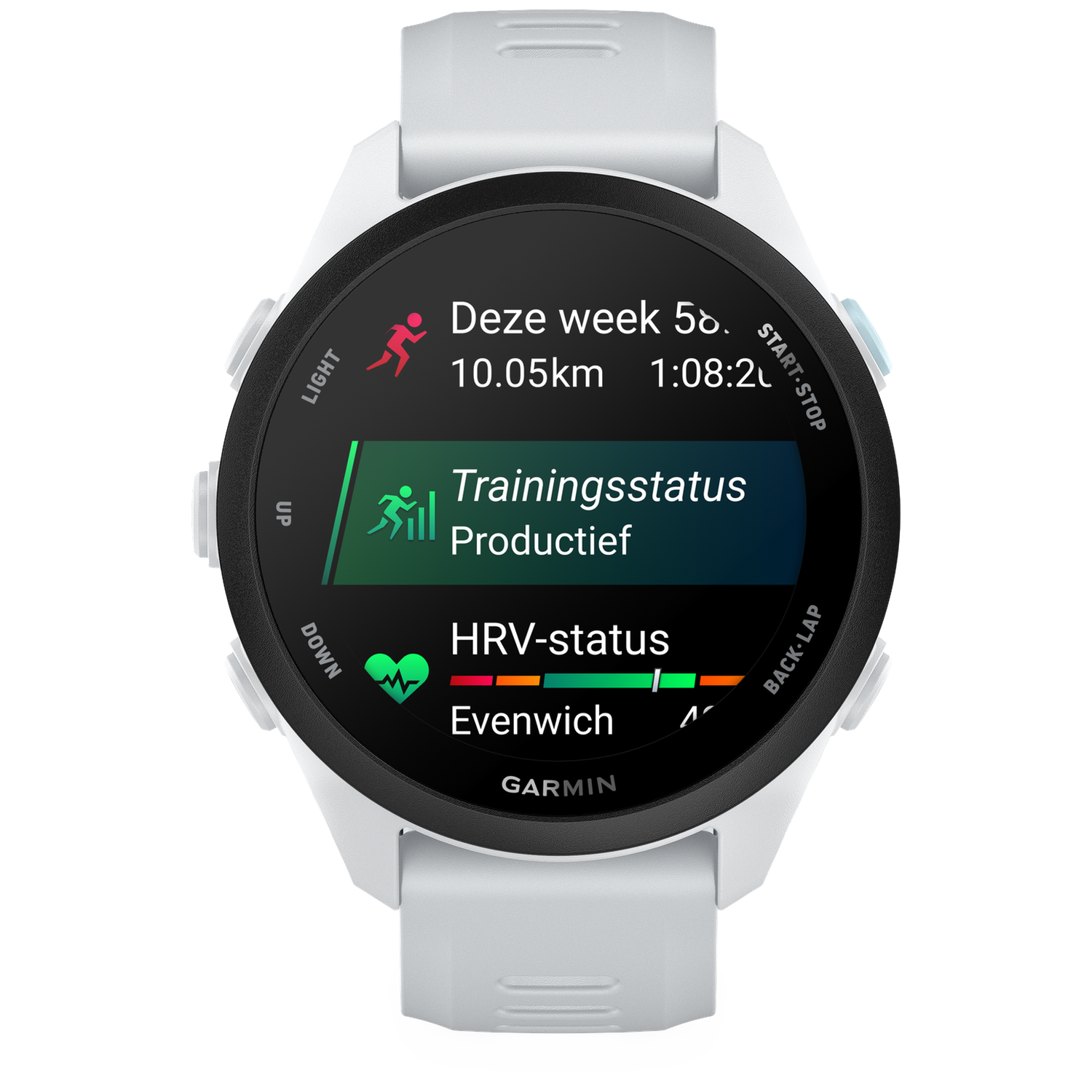 Une montre connectée Garmin blanche affiche des données d'entraînement : 10,05 km en 1:08:20.