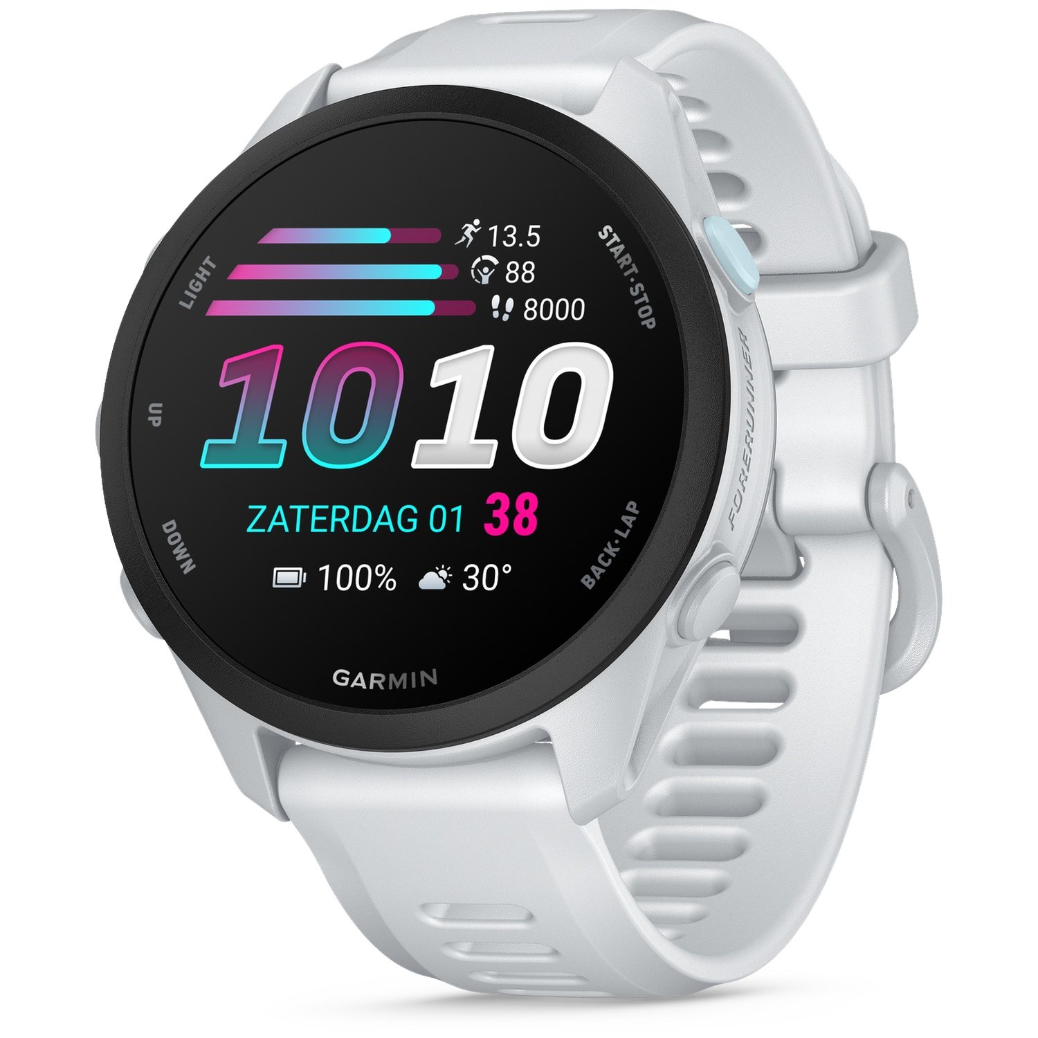 Une montre connectée Garmin Forerunner blanche affiche 10h10, stats et météo.