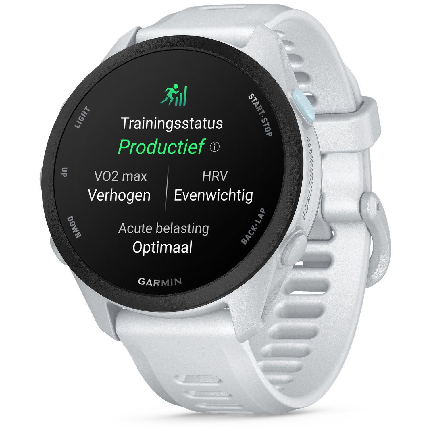 Montre Garmin Forerunner blanche affichant ltat dentranement : Productif, VO2 max, HRV, Charge aige.