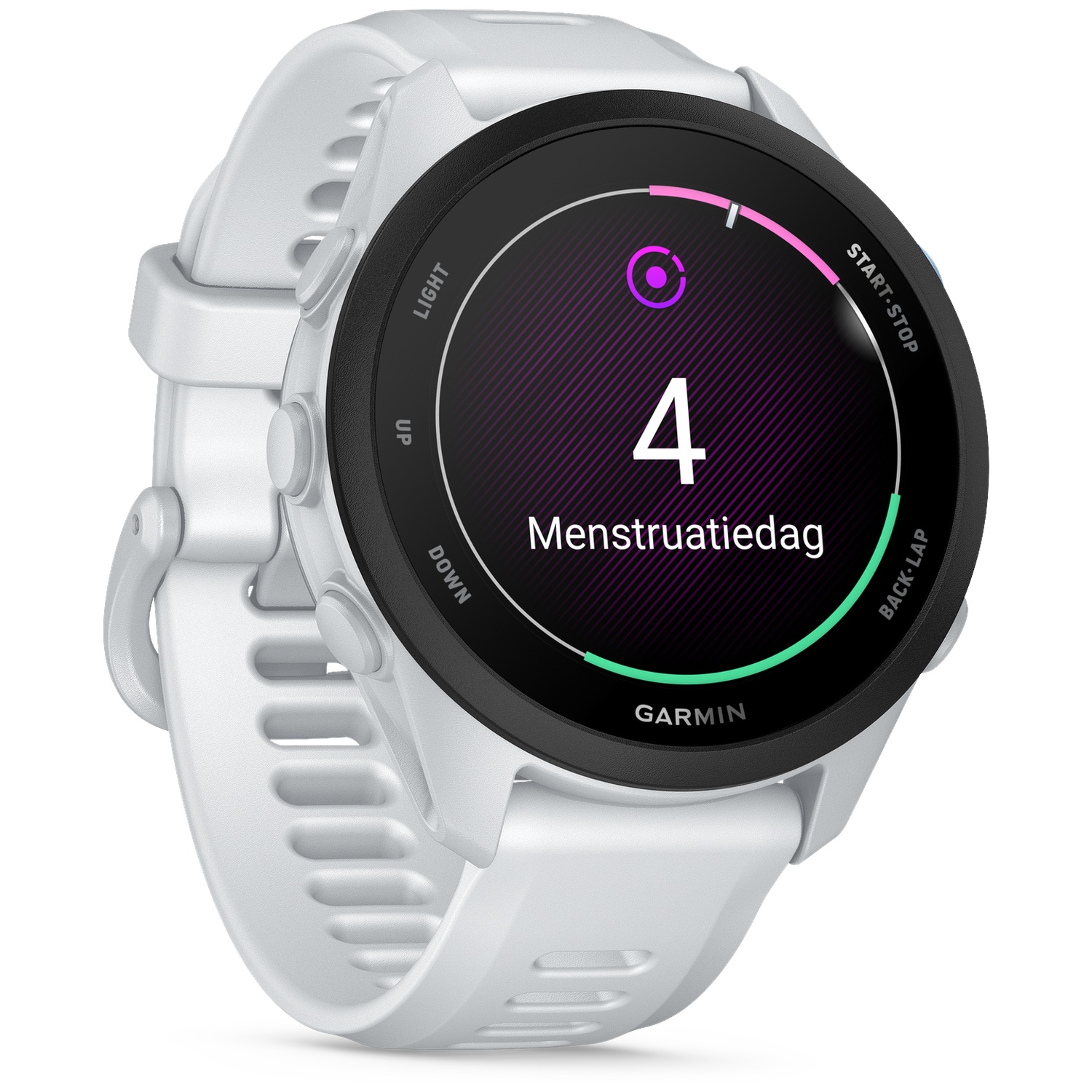 Montre connectée Garmin blanche affichant le suivi menstruel, jour 4.