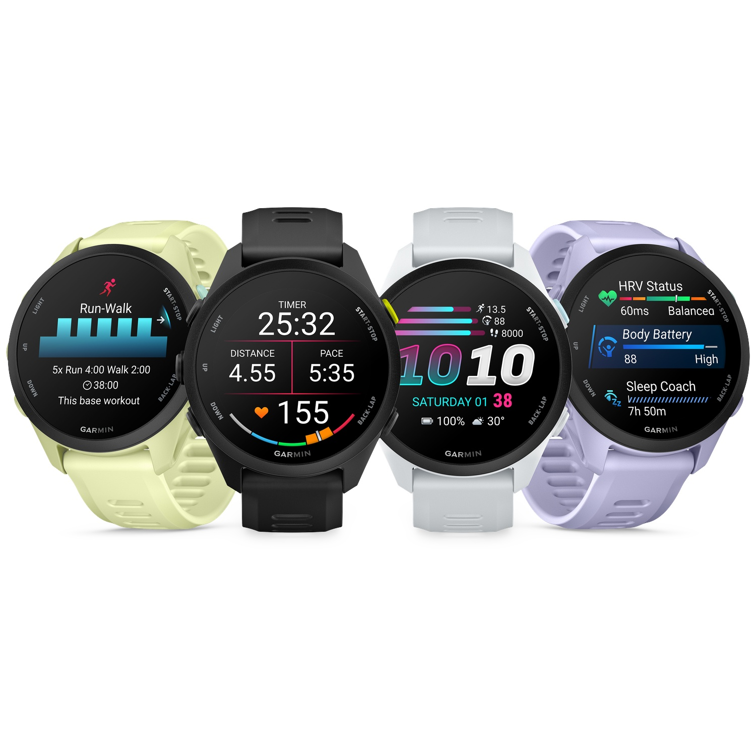 Quatre montres connectées Garmin jaune, noir, blanc et violet affichant des données d'entraînement.