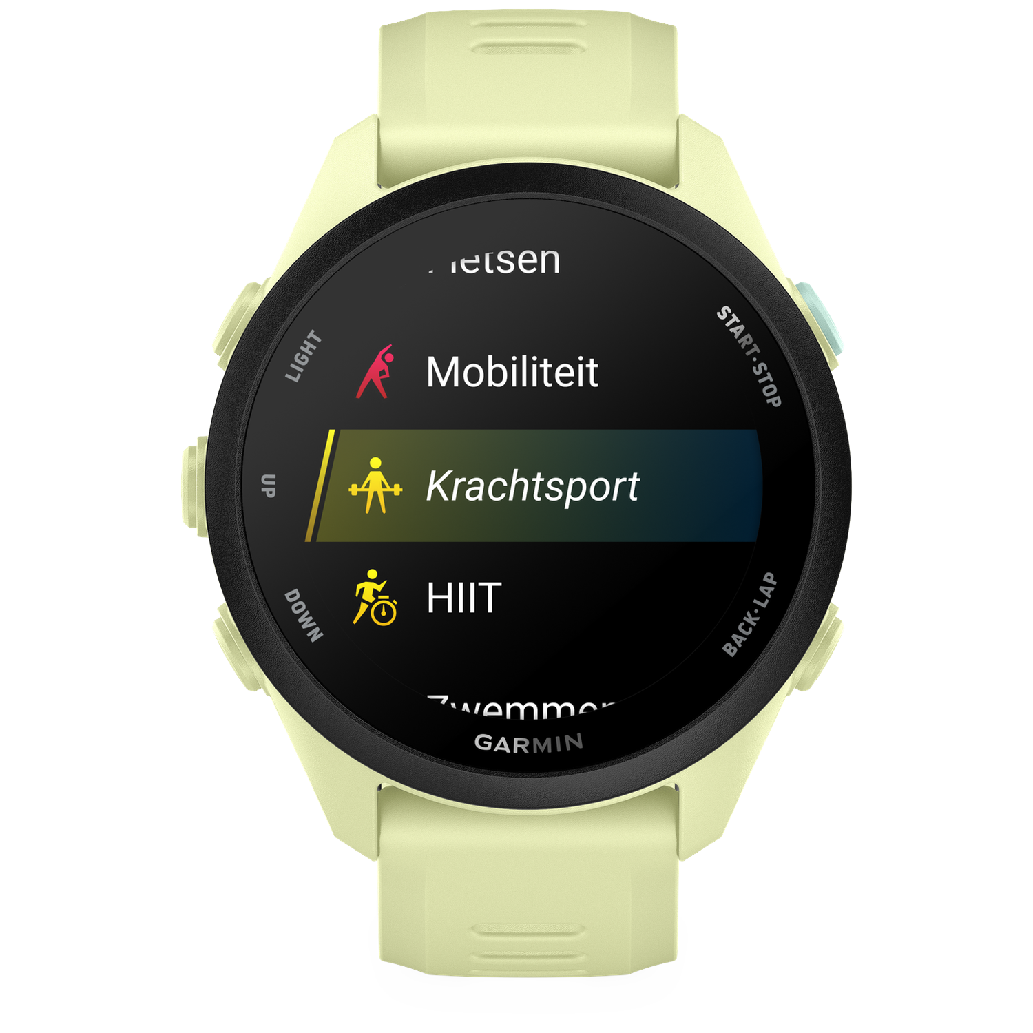 Une montre connectée jaune clair affiche des options d'entraînement sur son écran sombre.