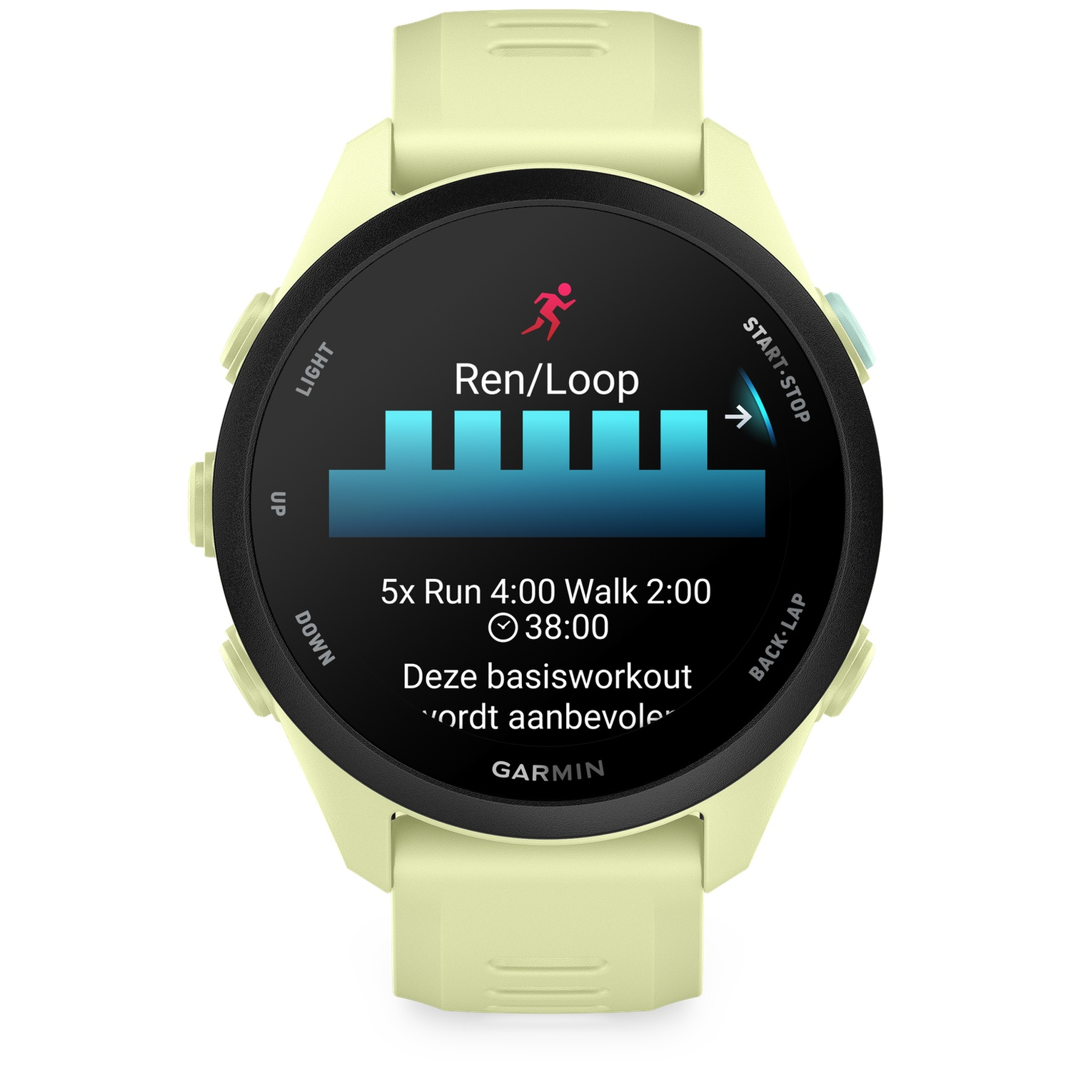 Une montre connectée jaune pâle affiche un écran d'entraînement de course avec une icône de coureur.