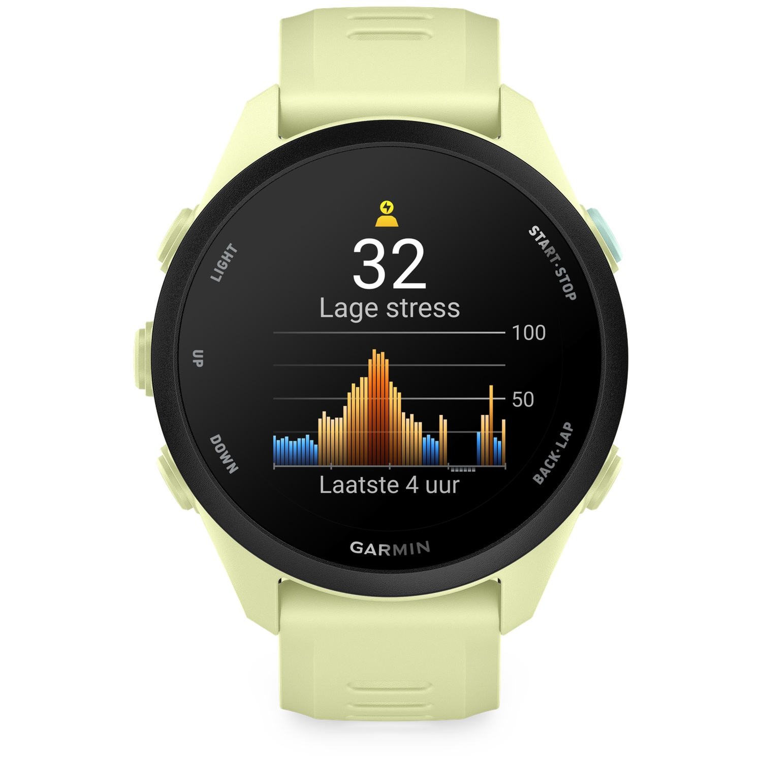 Une montre Garmin jaune clair affiche un niveau de stress de 32 et un graphique à barres sur 4 heures.