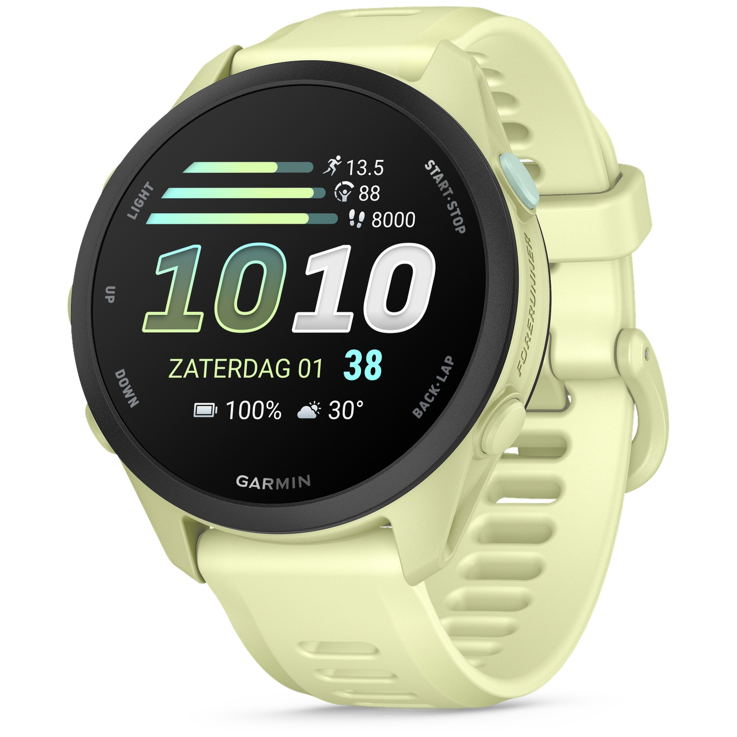 Une montre connectée Garmin jaune clair avec cadran noir affichant l'heure et stats.