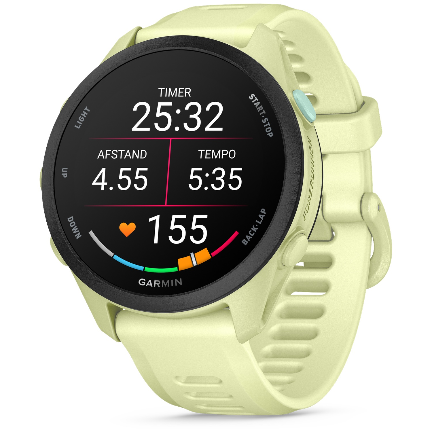 Une montre connectée Garmin Forerunner jaune pâle avec écran noir.