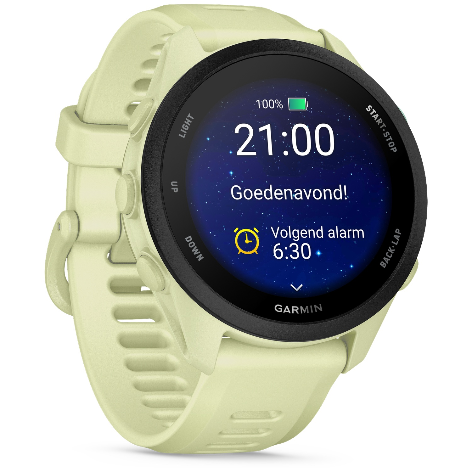 Une montre connectée Garmin vert clair avec écran noir affichant 21h00.