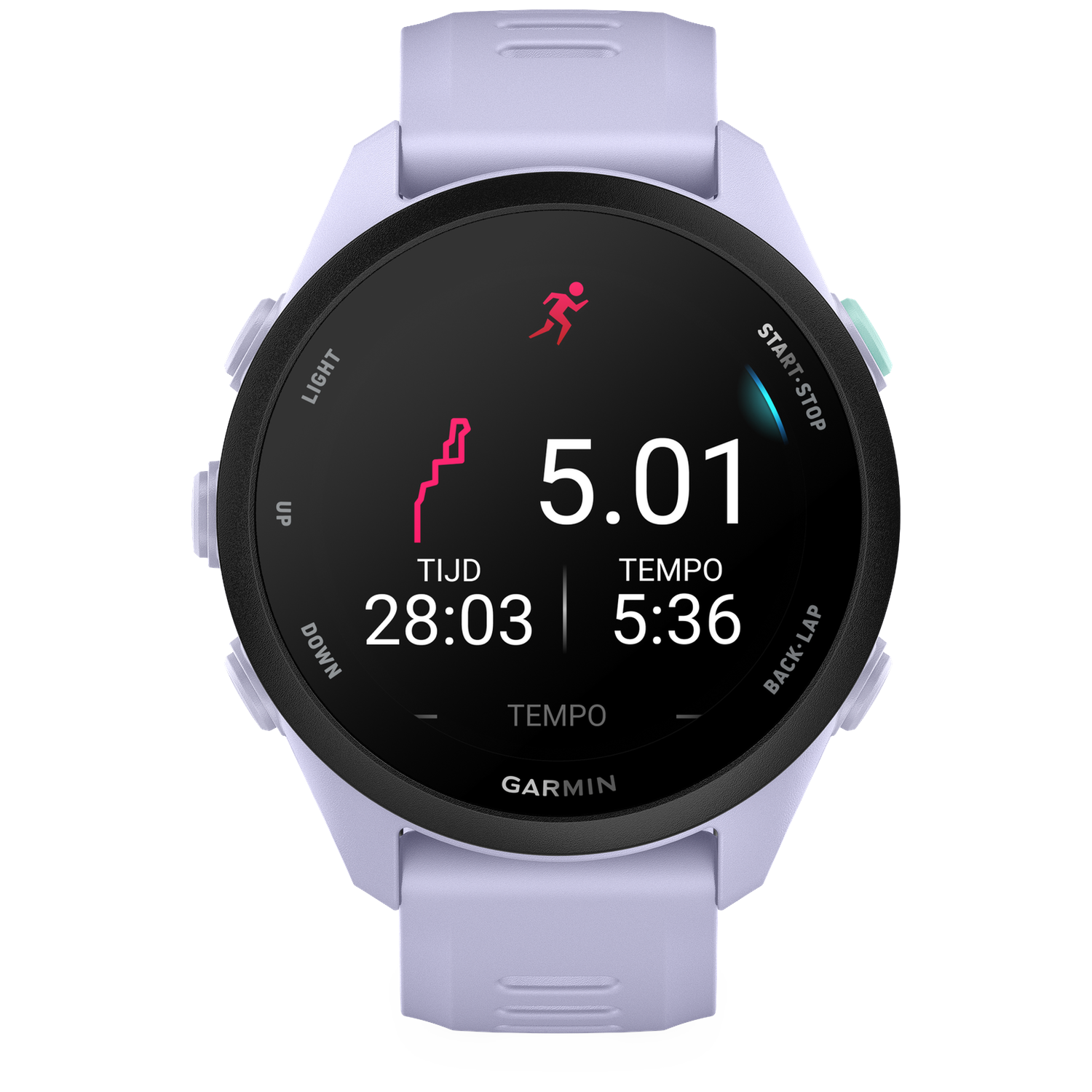 Une montre Garmin lilas affiche 5,01 miles, 28:03 de temps et 5:36 de tempo.