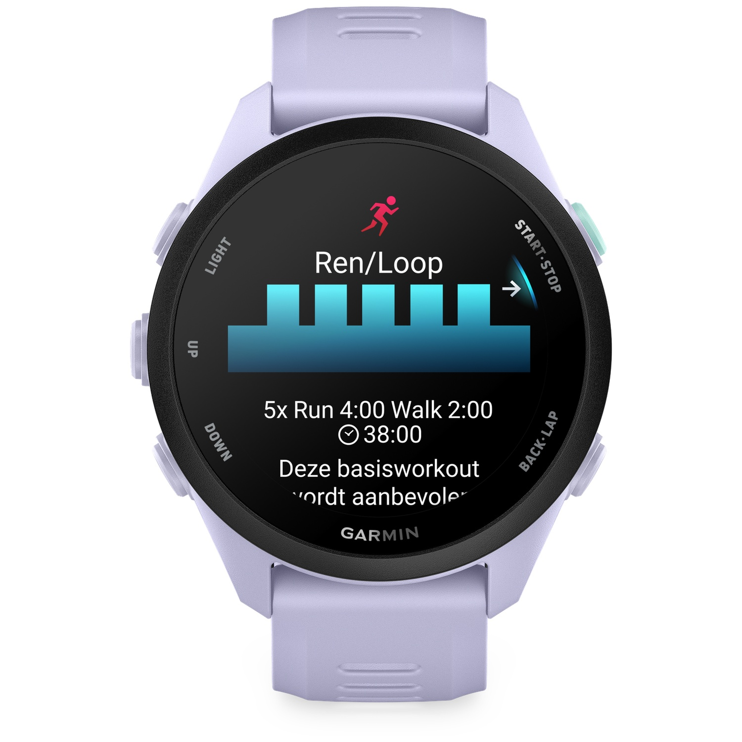 Une montre Garmin lilas affiche un entraînement : 5x Course 4:00, Marche 2:00.