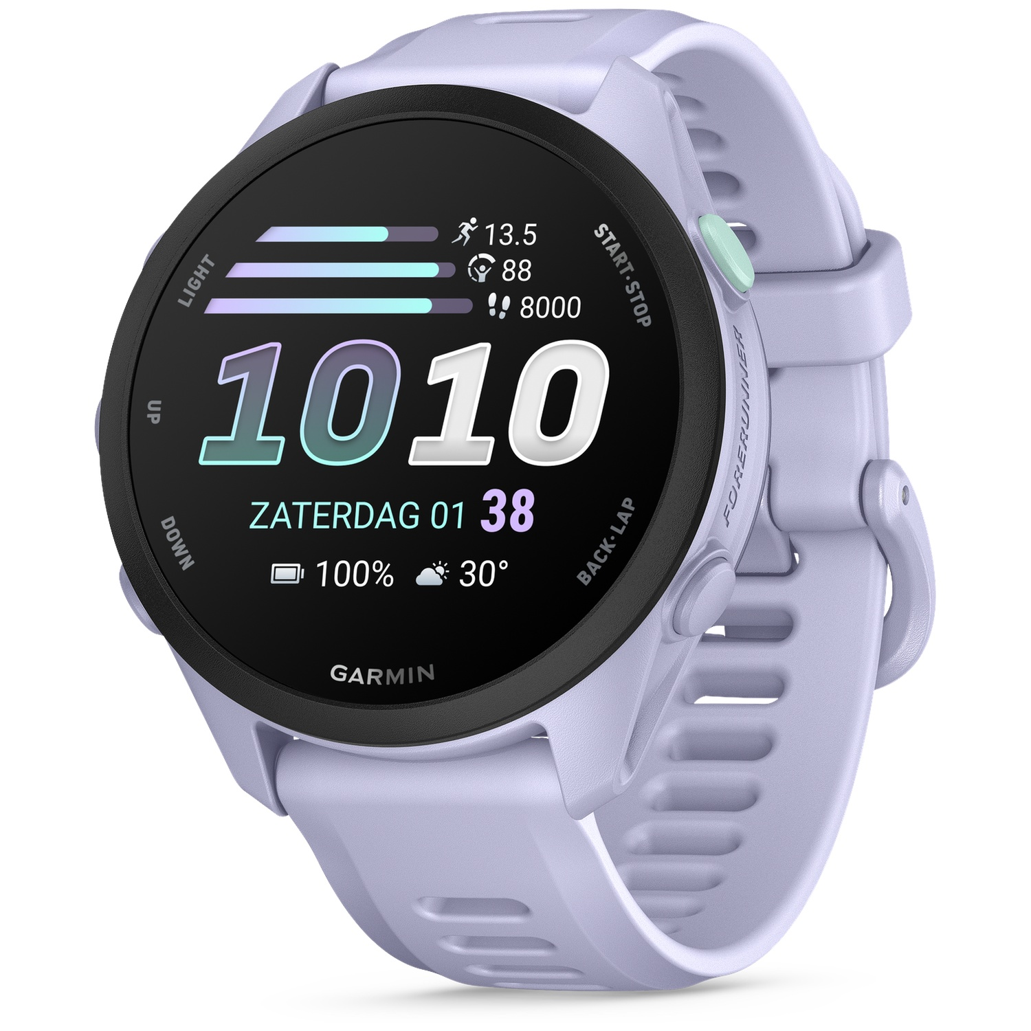 Une montre connectée Garmin lavande affichant des fonctions sportives.