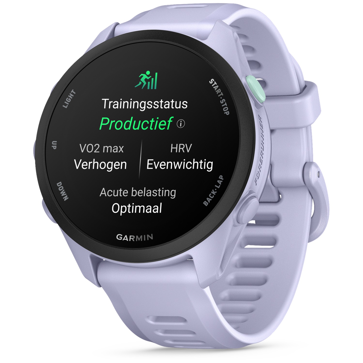 Une montre Garmin Forerunner lilas affiche le statut d'entraînement : 
