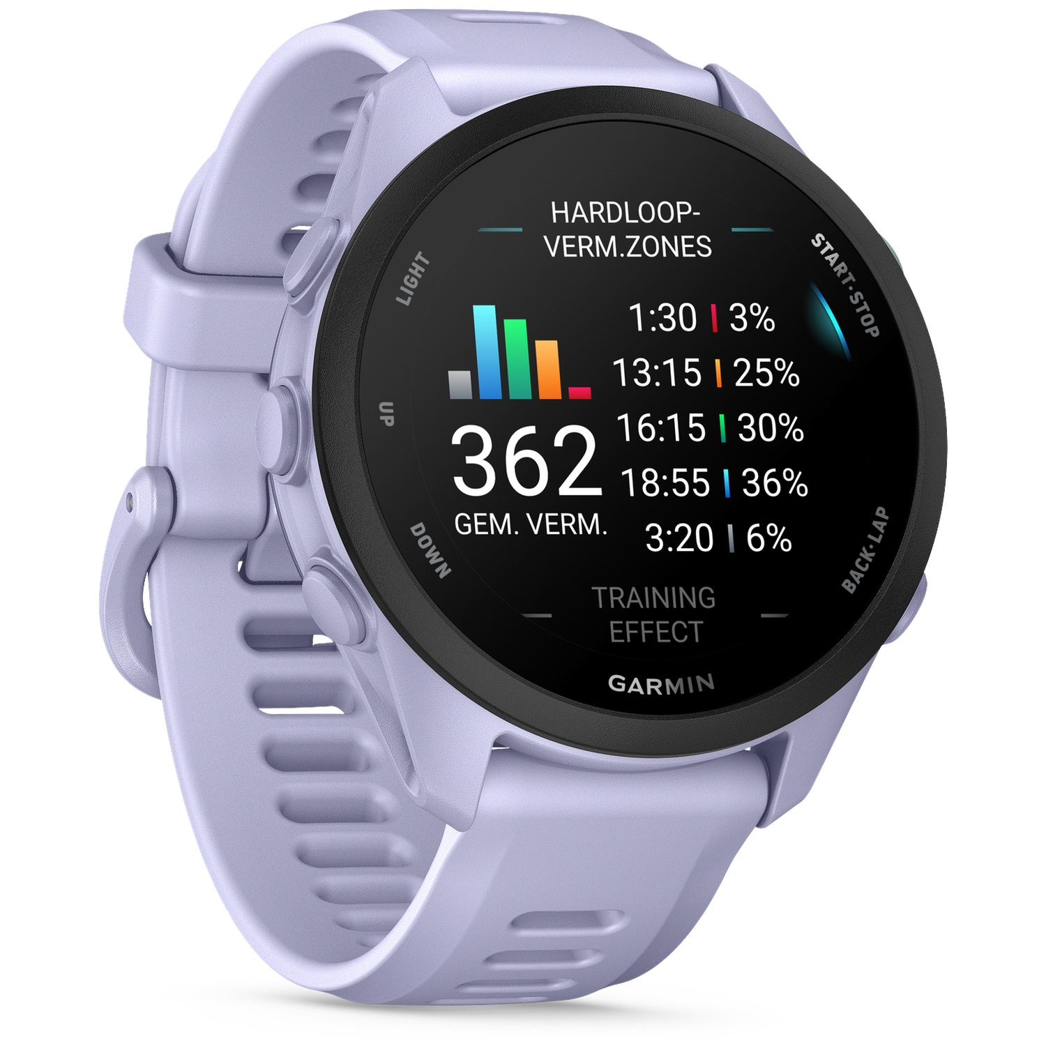Une montre de sport Garmin violette affichant des données d'entraînement.