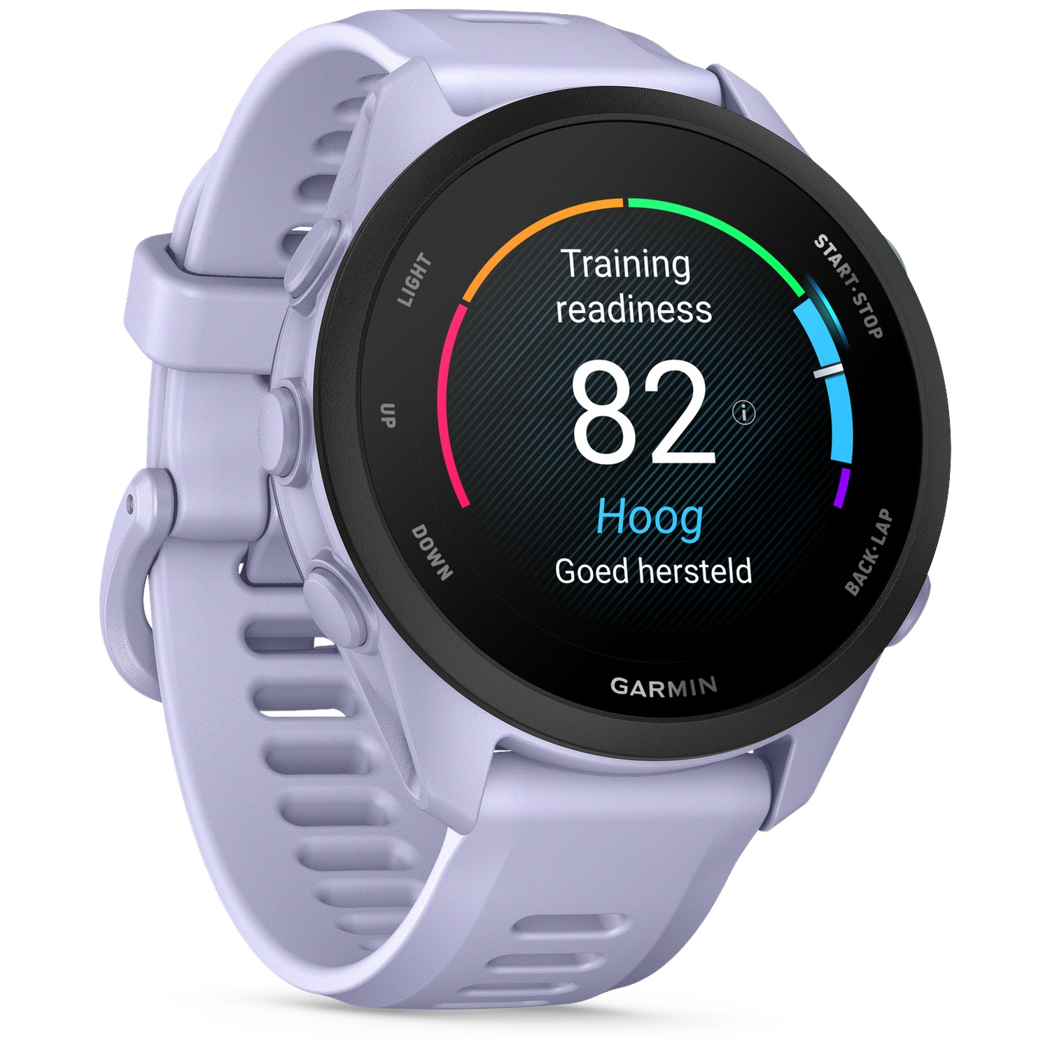 Une montre connectée lavande avec un écran affichant la préparation à l'entraînement.