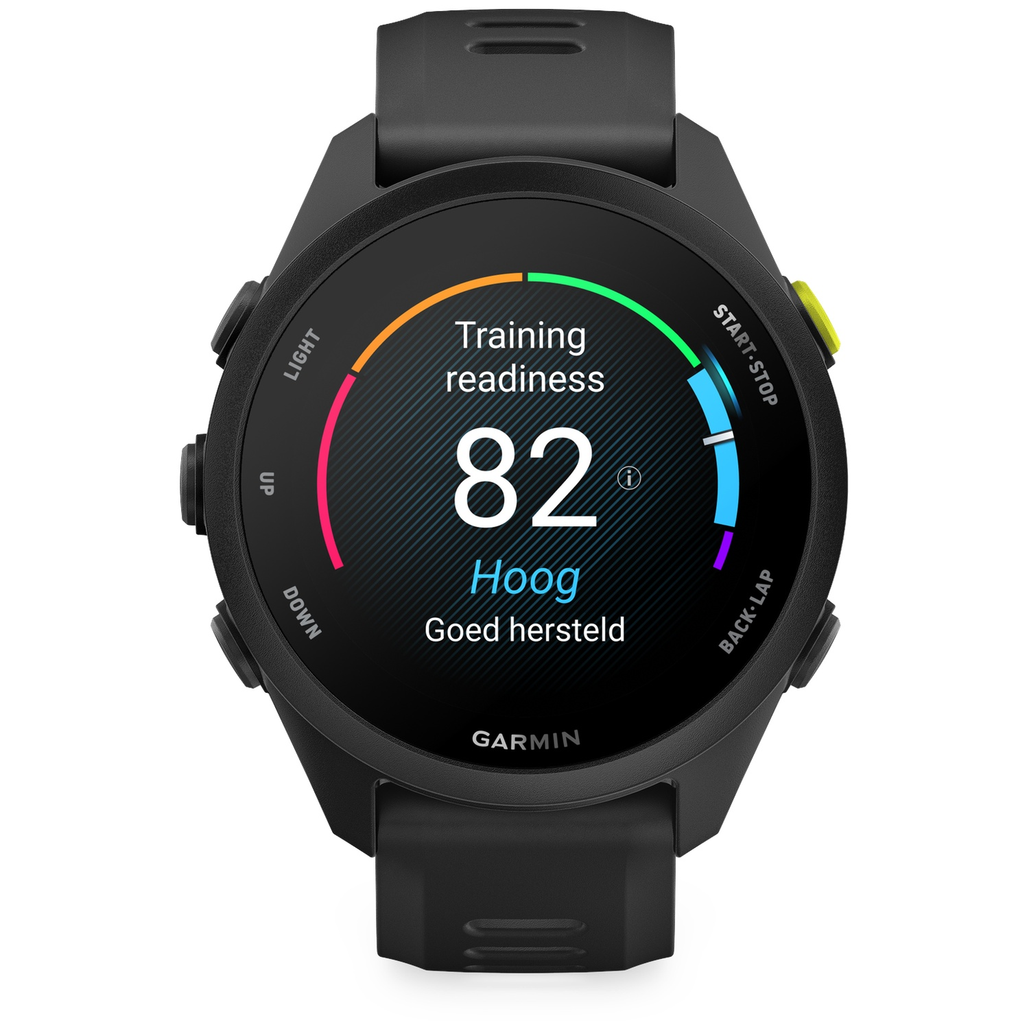 Black Garmin smartwatch showing training readiness score of 82.