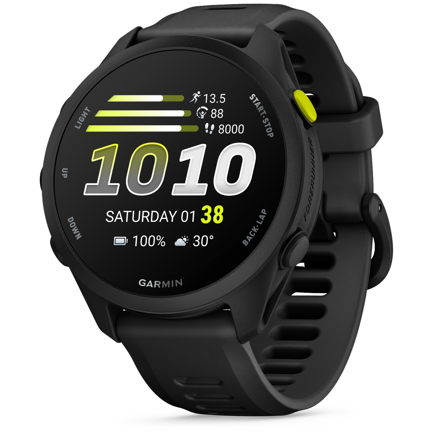 Black Garmin Forerunner watch with a digital display showing 1010, date, time, and stats.