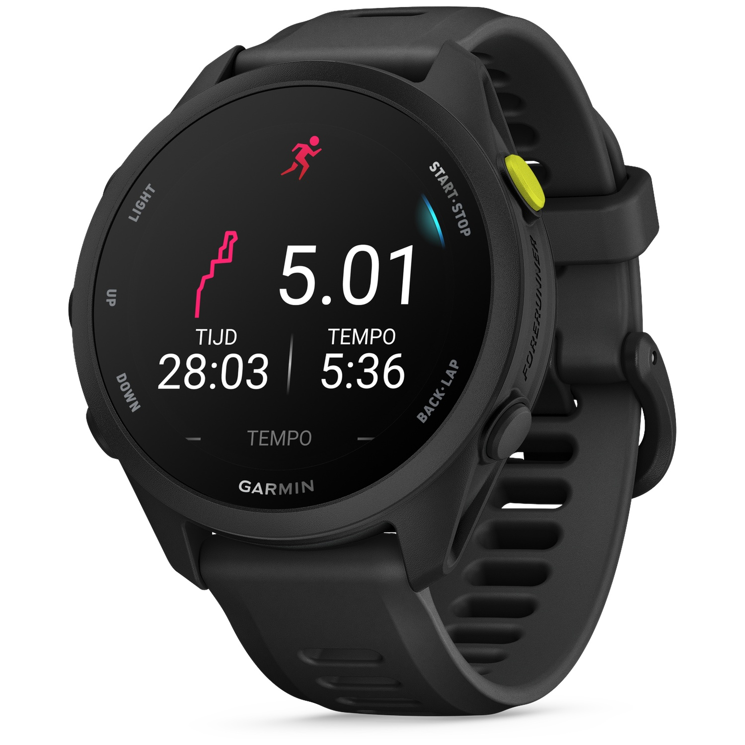 Black Garmin Forerunner watch with running stats: 5.01 km, 28:03 time, 5:36 tempo.