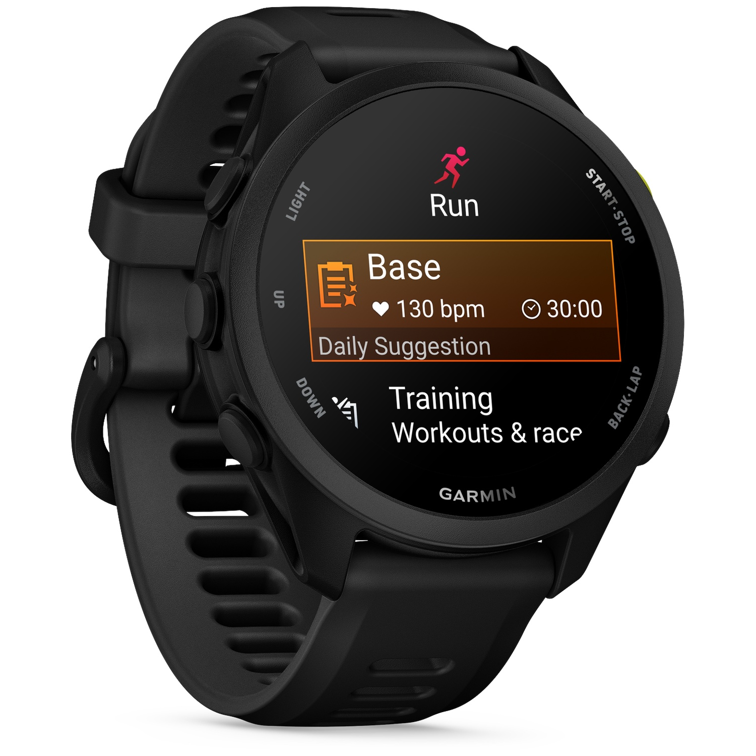 Black Garmin sports watch showing a run screen with 130 bpm, 30:00.