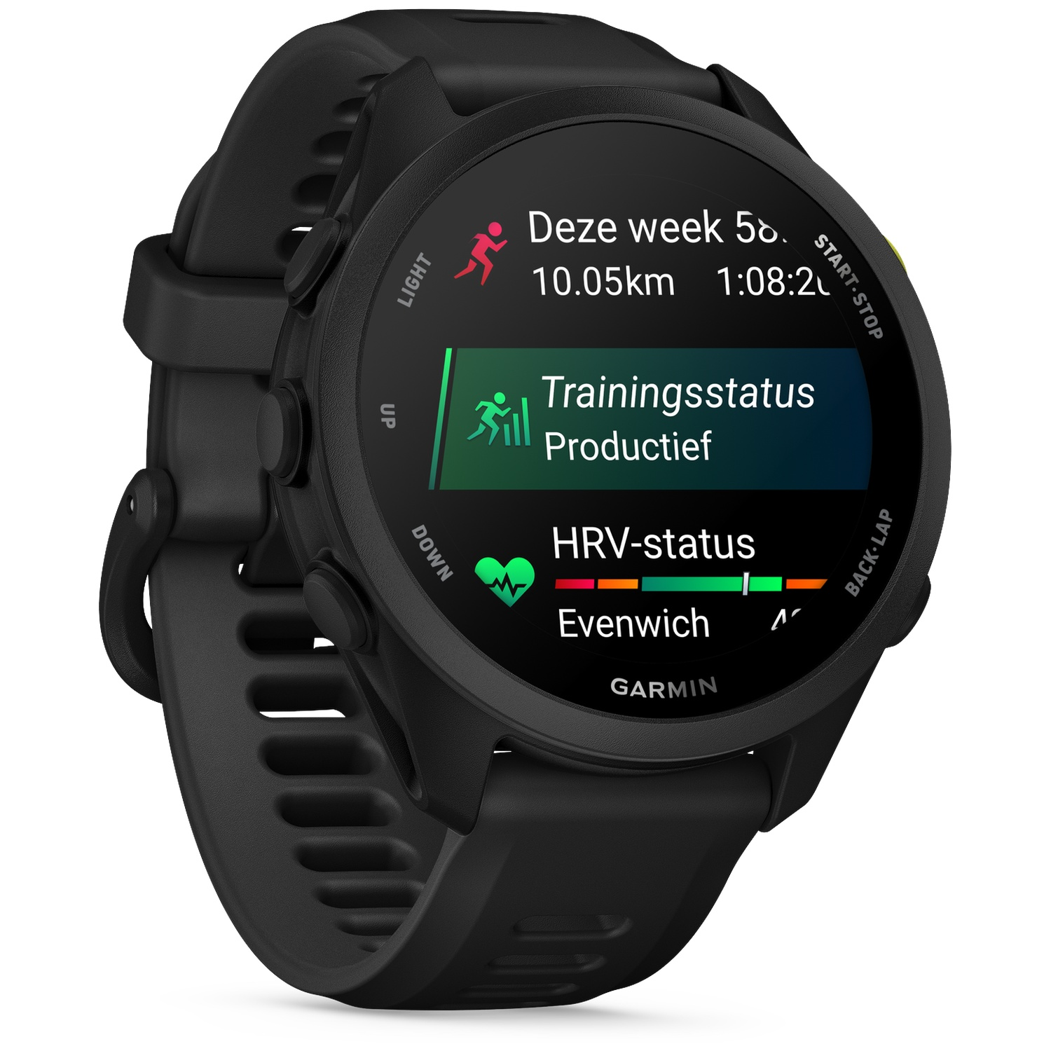 Black Garmin smartwatch showing training status and HRV status on screen.