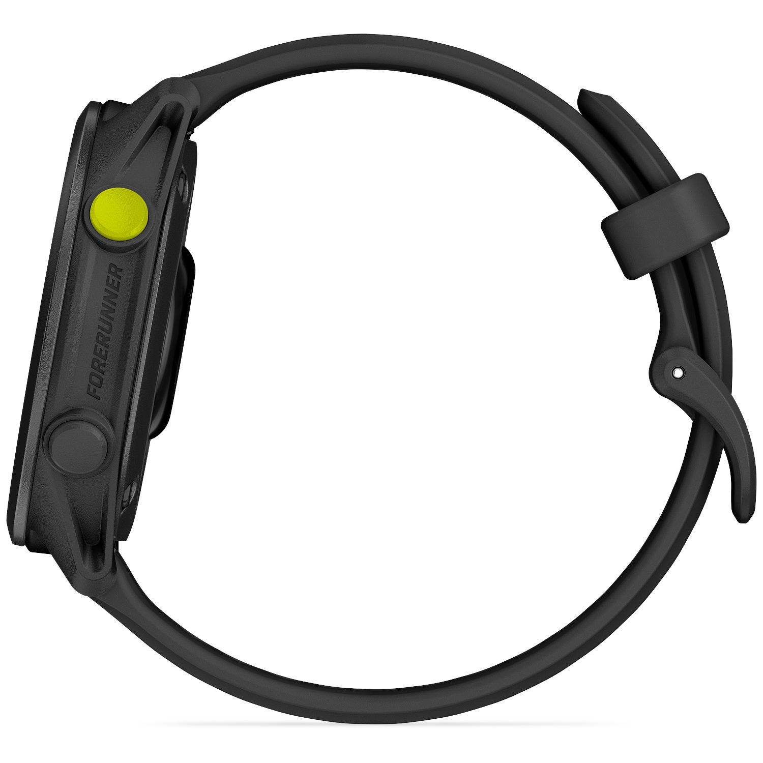 Black sports watch with a yellow button and 'Forerunner' text.
