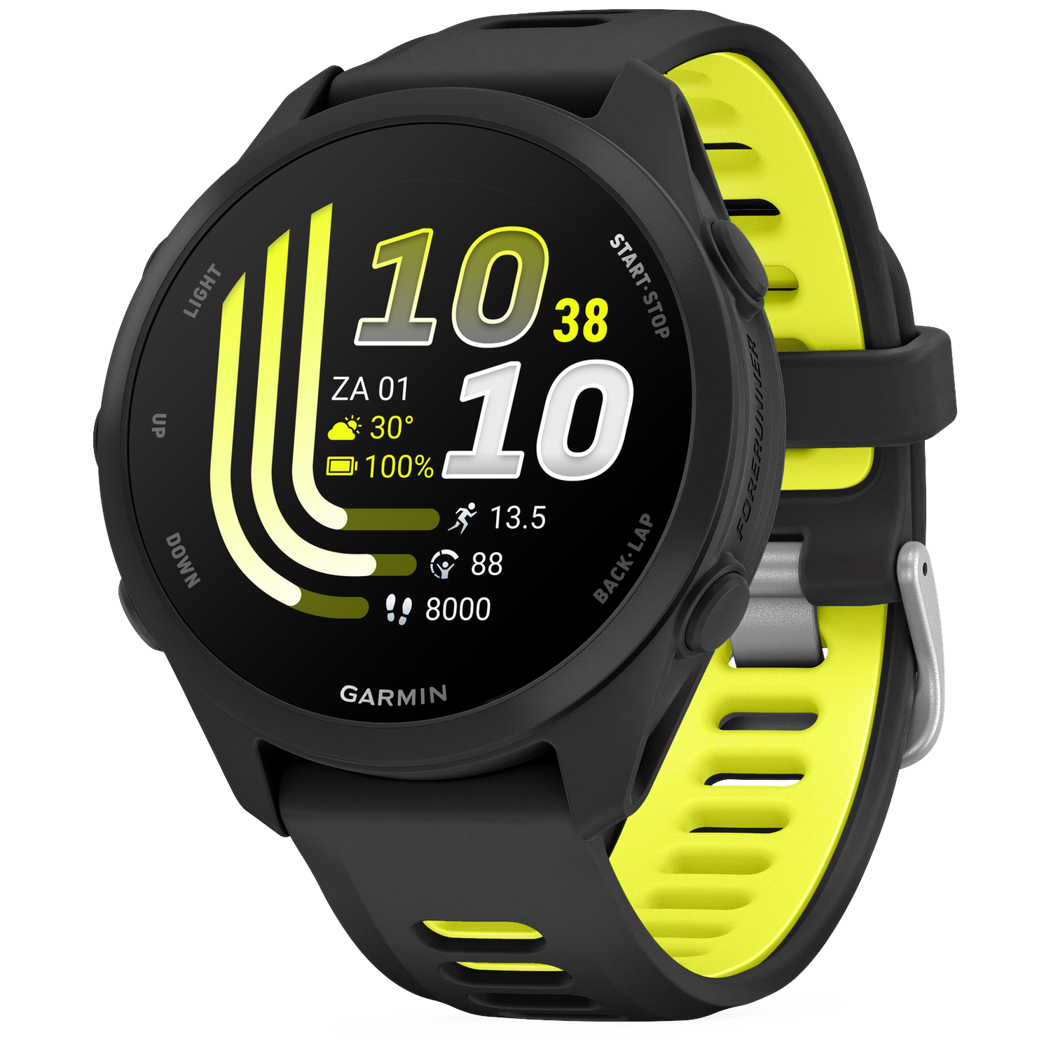 Montre Garmin noire avec bracelet jaune, affichant l'heure, la météo et les données d'activité.