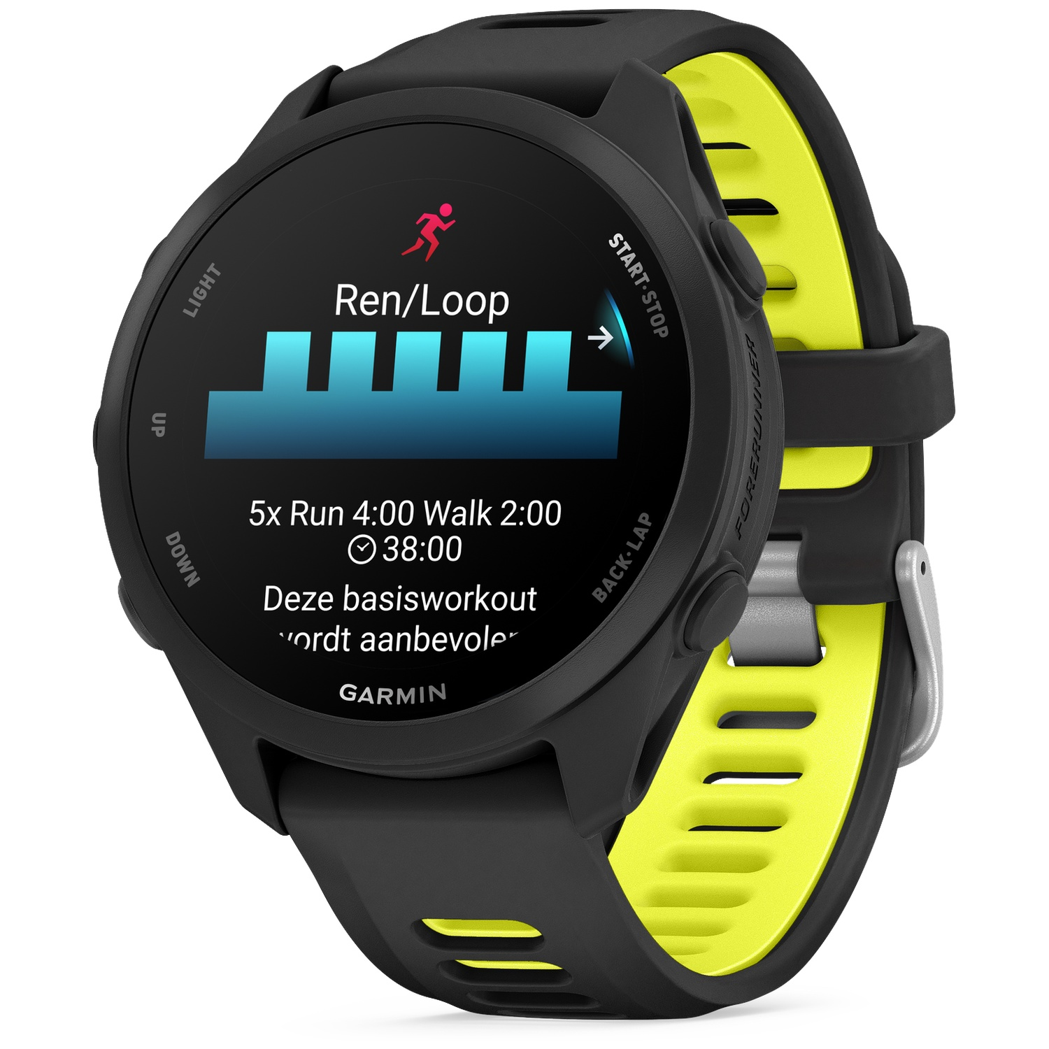 Montre connectée Garmin noire avec bracelet jaune, affichant un plan d'entraînement.
