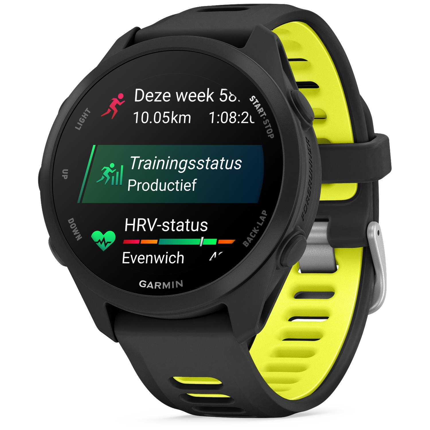 Montre de sport Garmin noire avec bracelet jaune, affichant des données d'entraînement.