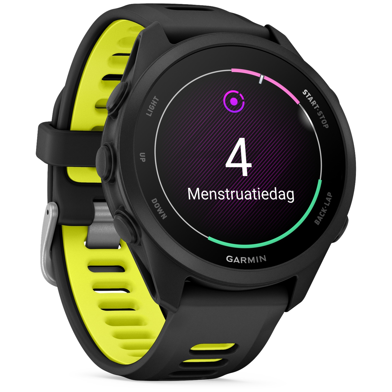 Montre connectée Garmin noire avec bracelet jaune fluo, affichant le jour 4 du cycle.