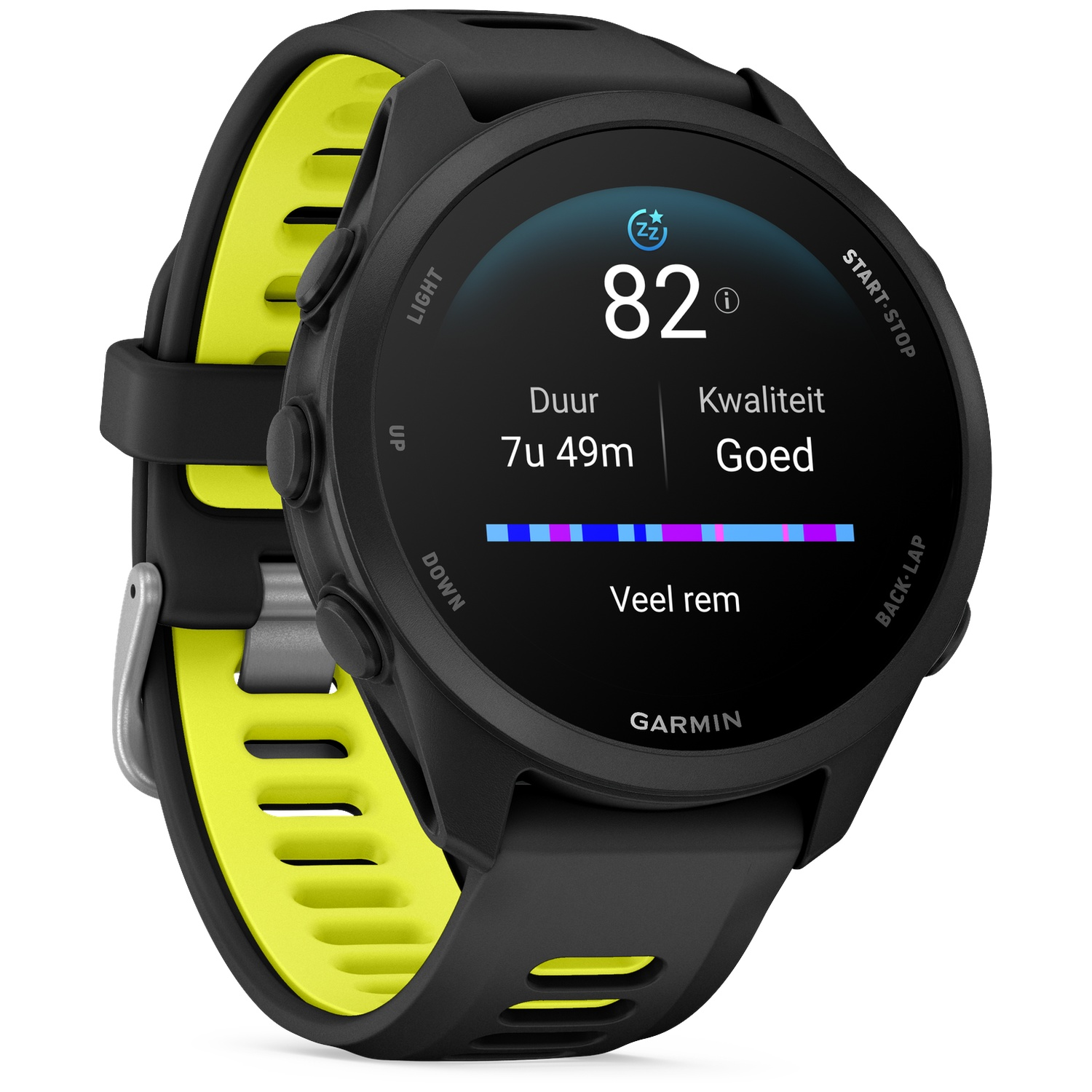 Montre connectée noire avec bracelet jaune, affichant 82 points de sommeil et données.