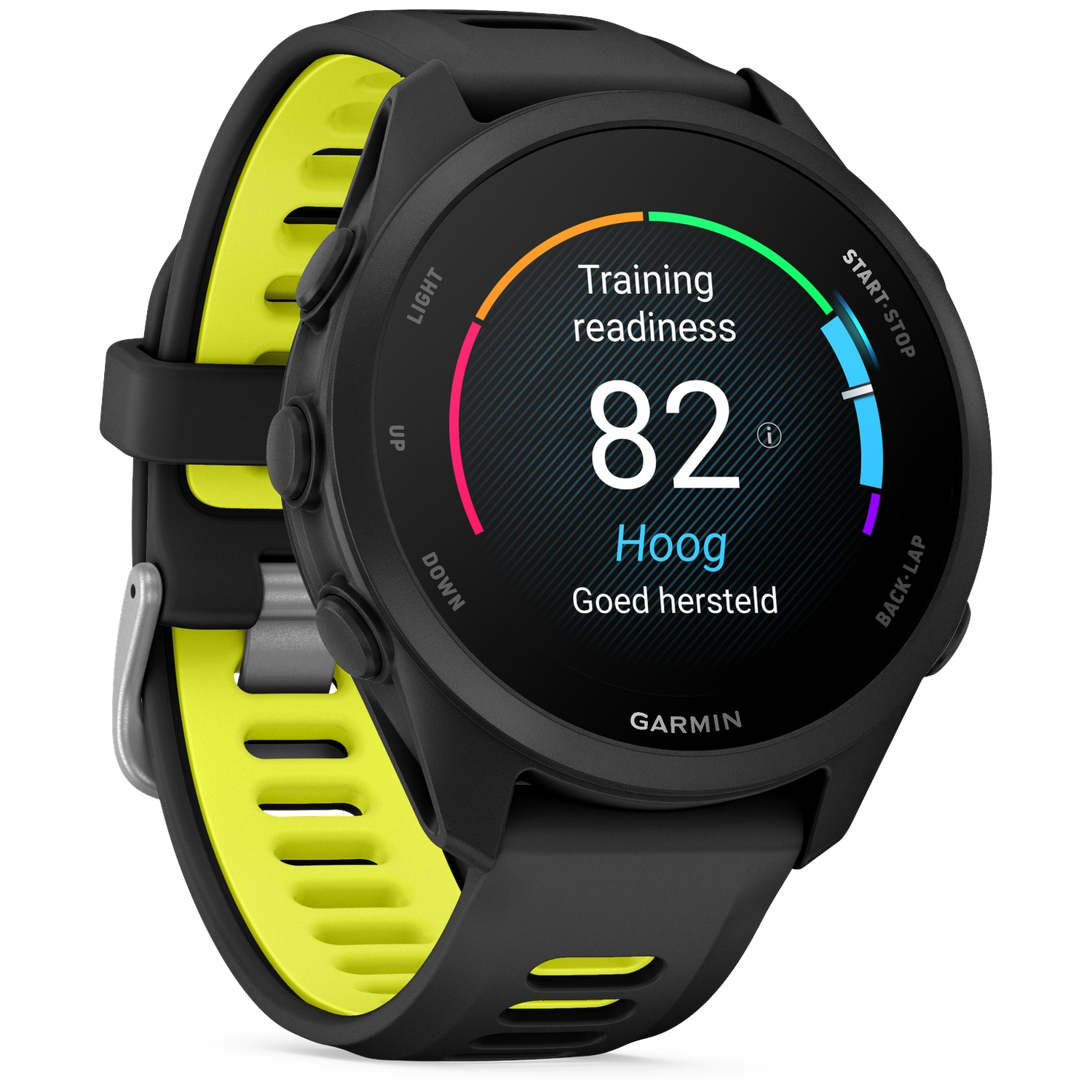 Montre connectée noire avec bracelet jaune, affichant 82 de préparation