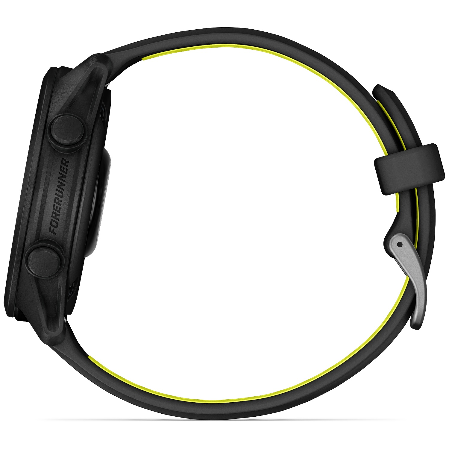 Montre connectée noire avec bracelet à accent jaune. "Forerunner" est sur le côté.