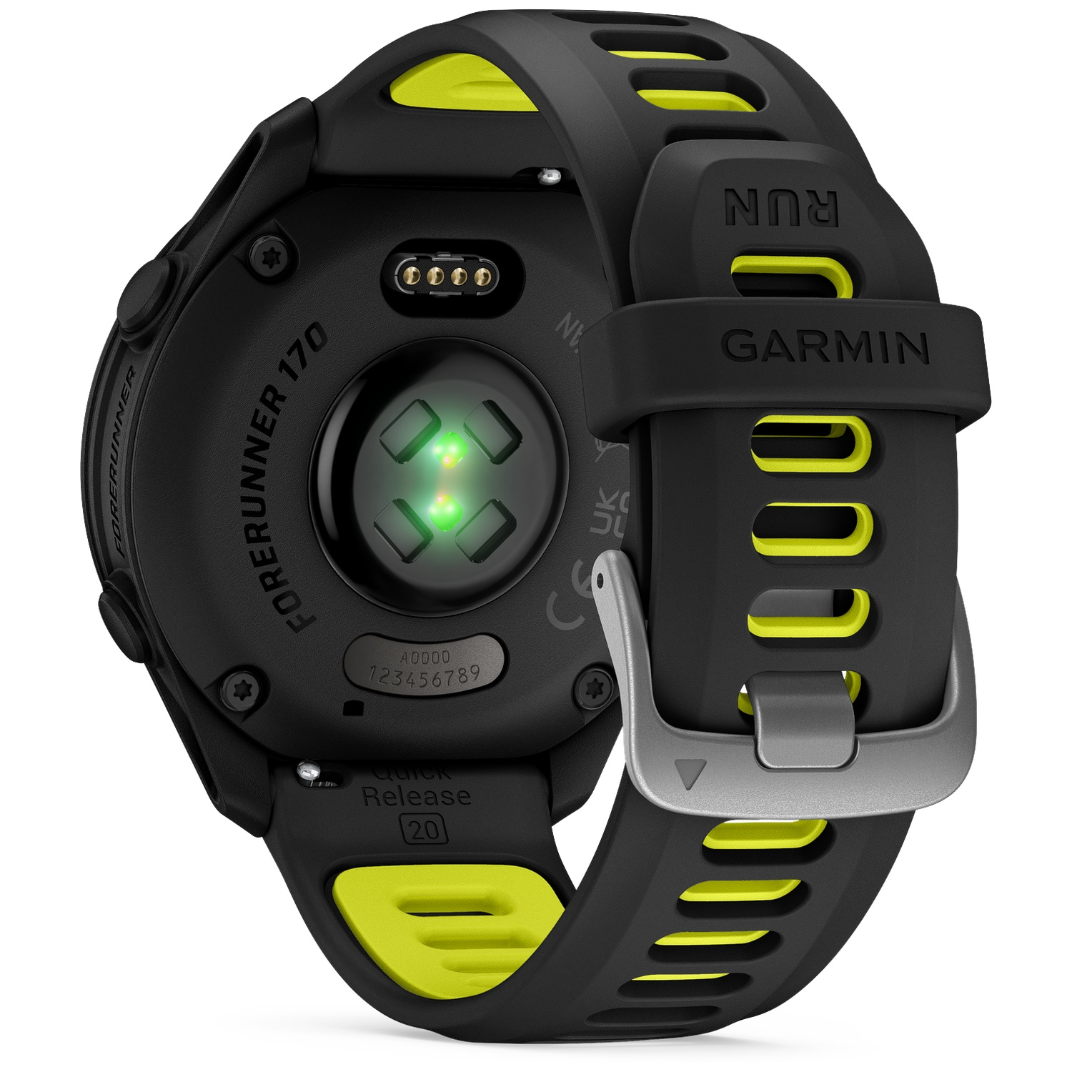 Montre Garmin Forerunner 170 noire avec cardiofréquencemètre et accents jaunes.