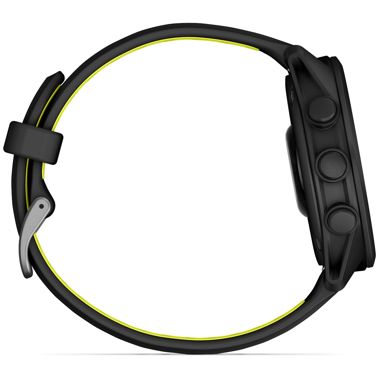 Bracelet de montre connectée noir avec ligne d'accent jaune et boucle métallique.