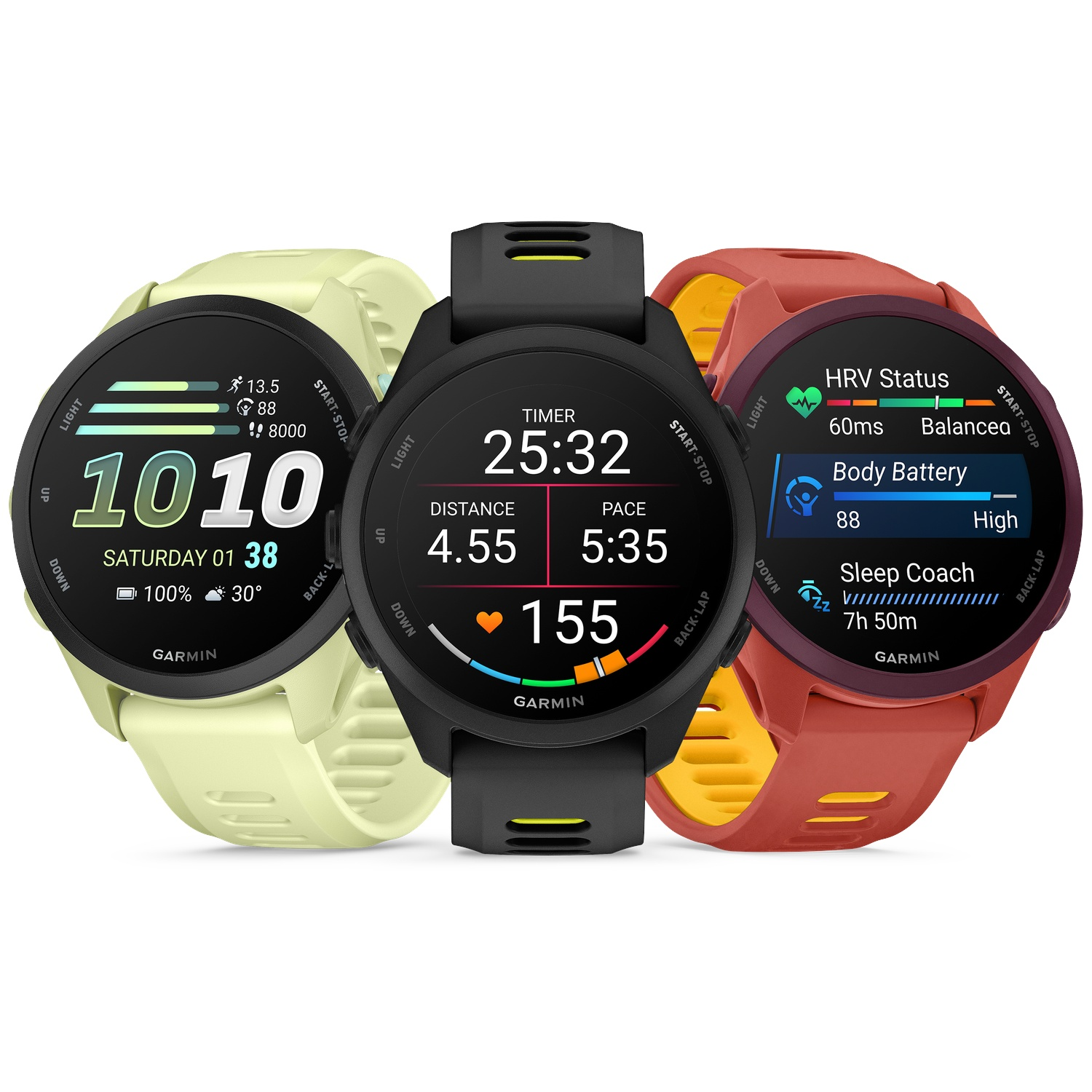 Trois montres connectées Garmin en jaune clair, noir et rouge, affichant différents cadrans.