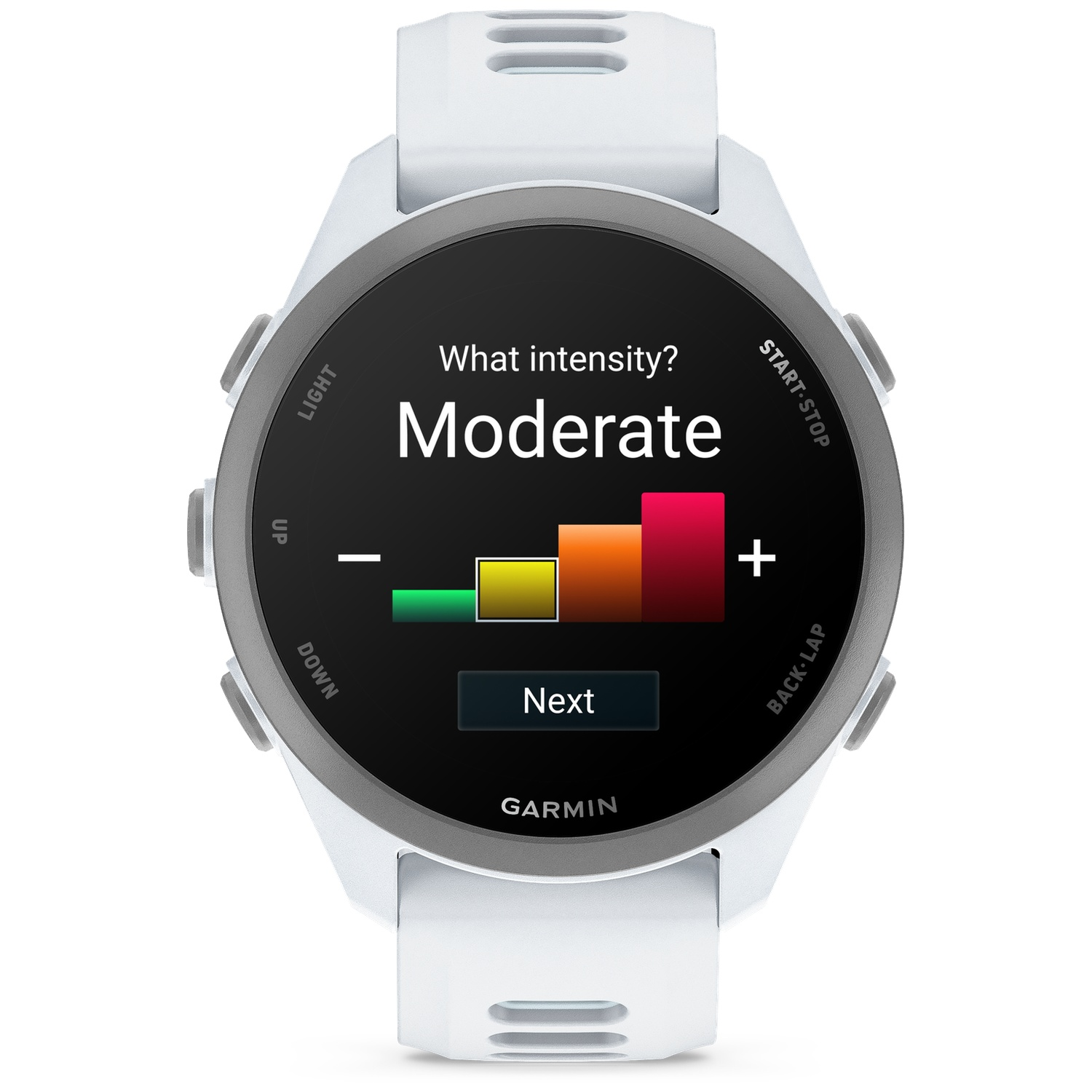 White Garmin watch displays 'Moderate' intensity with a color bar and 'Next' button.