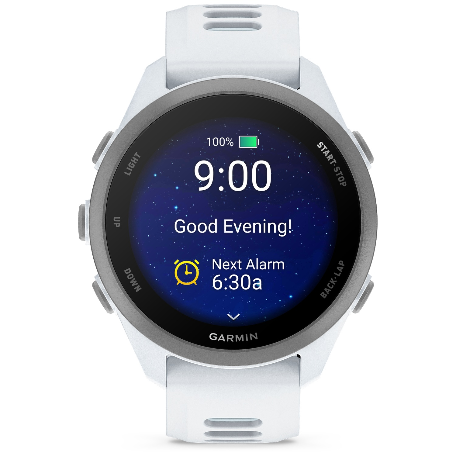 White Garmin smartwatch showing 9:00, Good Evening, and next alarm at 6:30a.