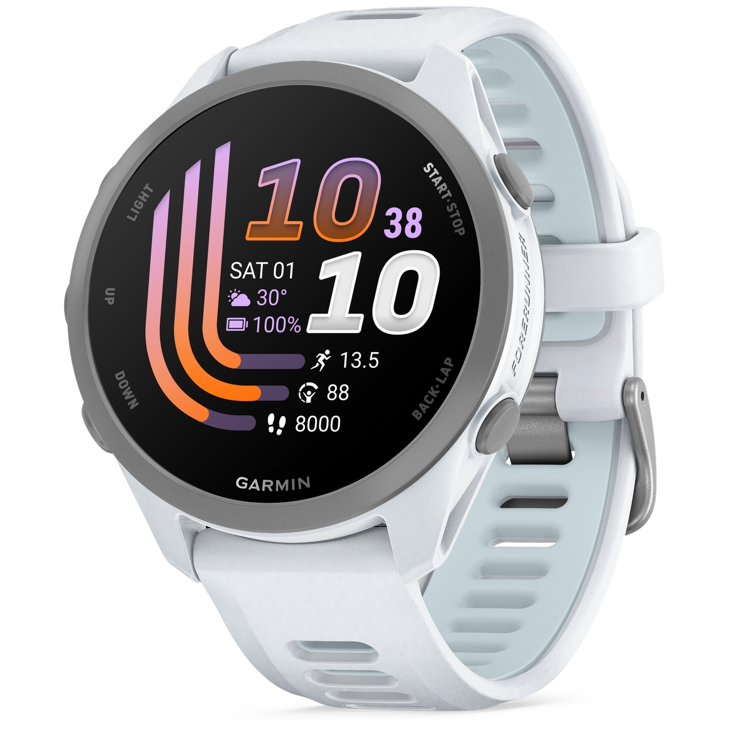A white Garmin Forerunner smartwatch with a gray bezel and touchscreen display.