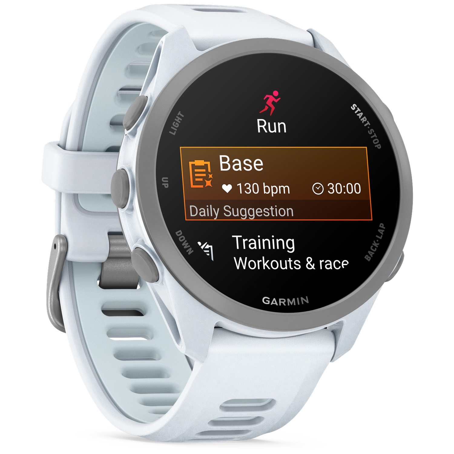 A white Garmin sports watch displays the run function with heart rate and time.