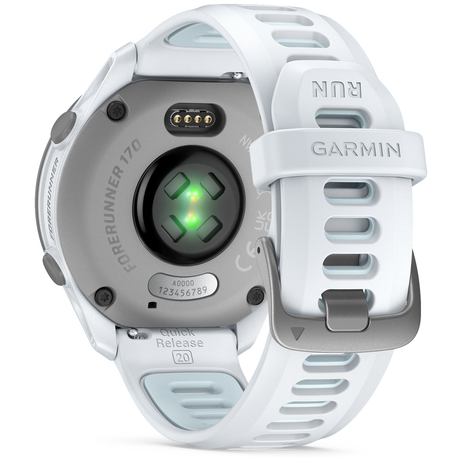 White Garmin Forerunner 170 smartwatch with heart rate monitor and white band.