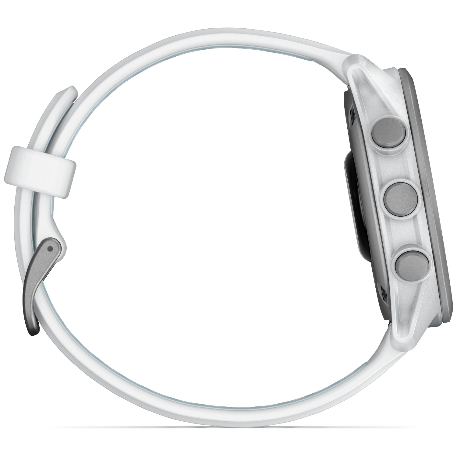 A white smartwatch with gray buttons on the right side, viewed from the side.