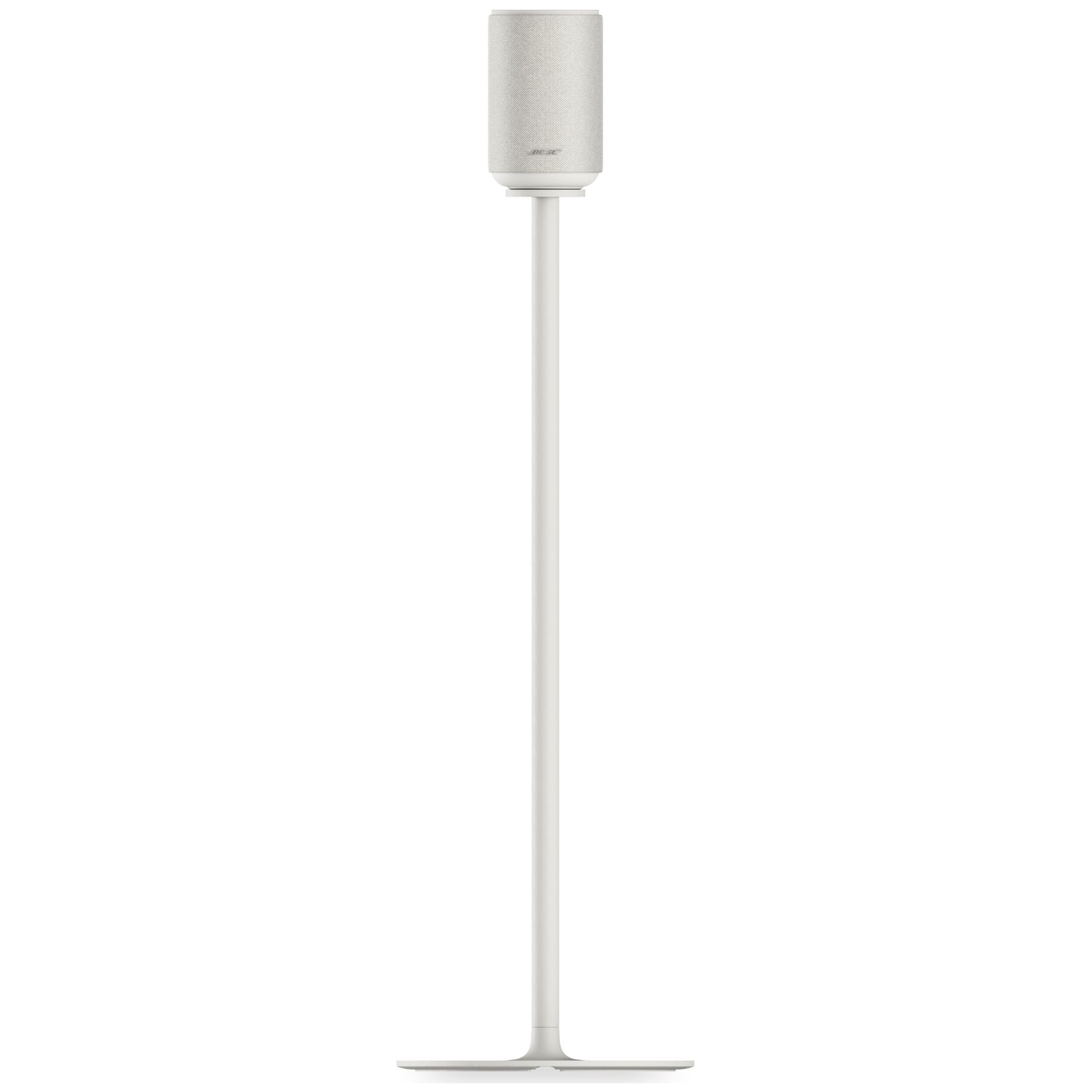 Une enceinte blanche repose sur un pied blanc élancé.